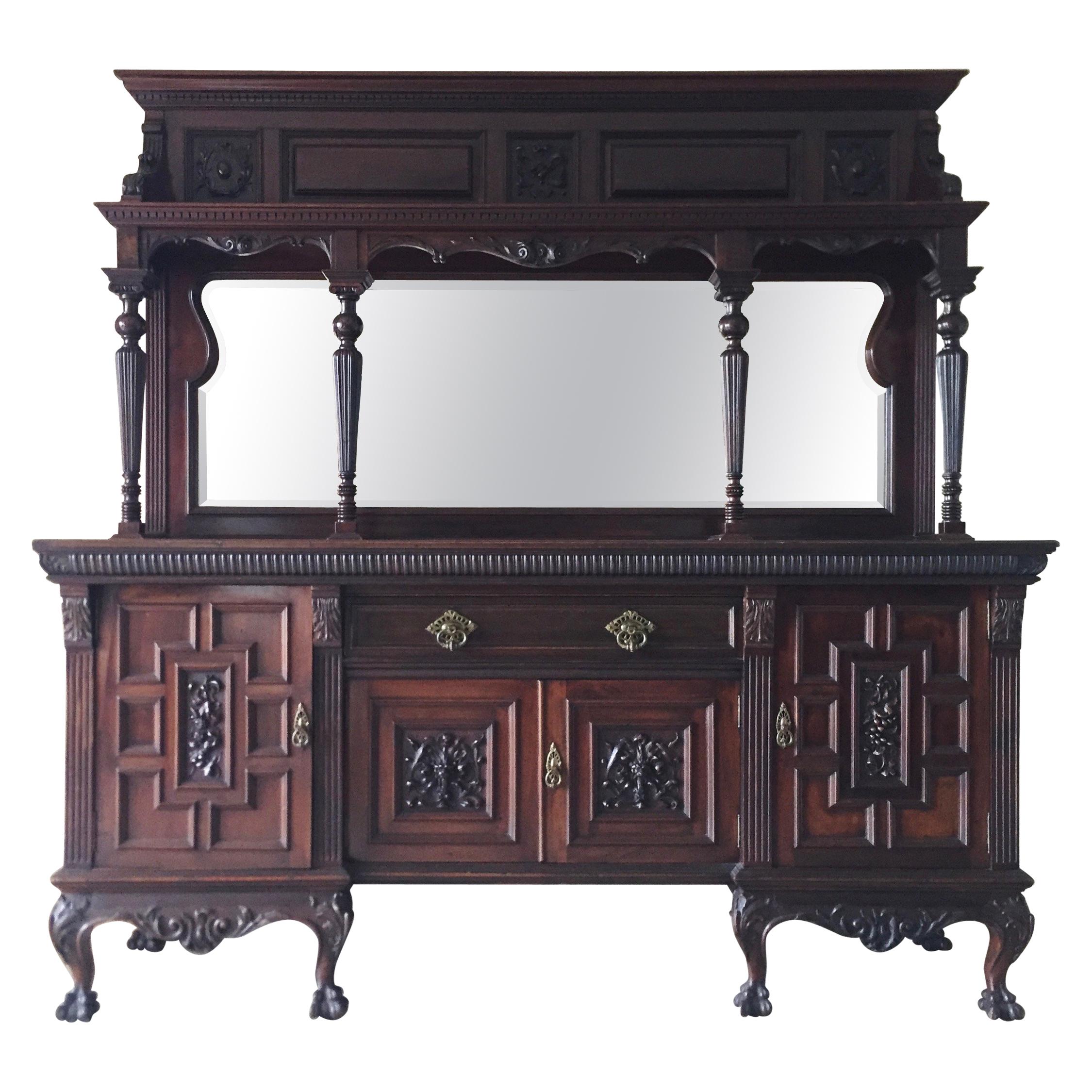 Chippendale Ball-Claw Mahogany Large Buffet with Mirror, 19th Century  For Sale