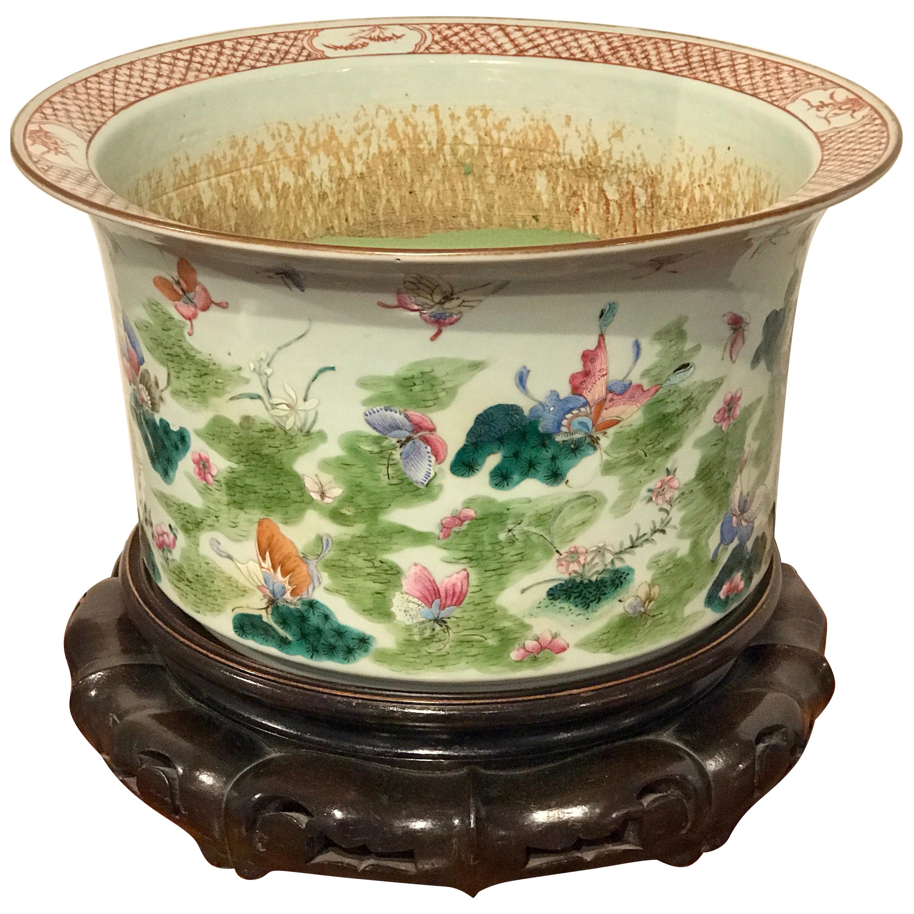 Large Chinese Export Famille Verte Jardiniere and Stand, Butterfly Motif