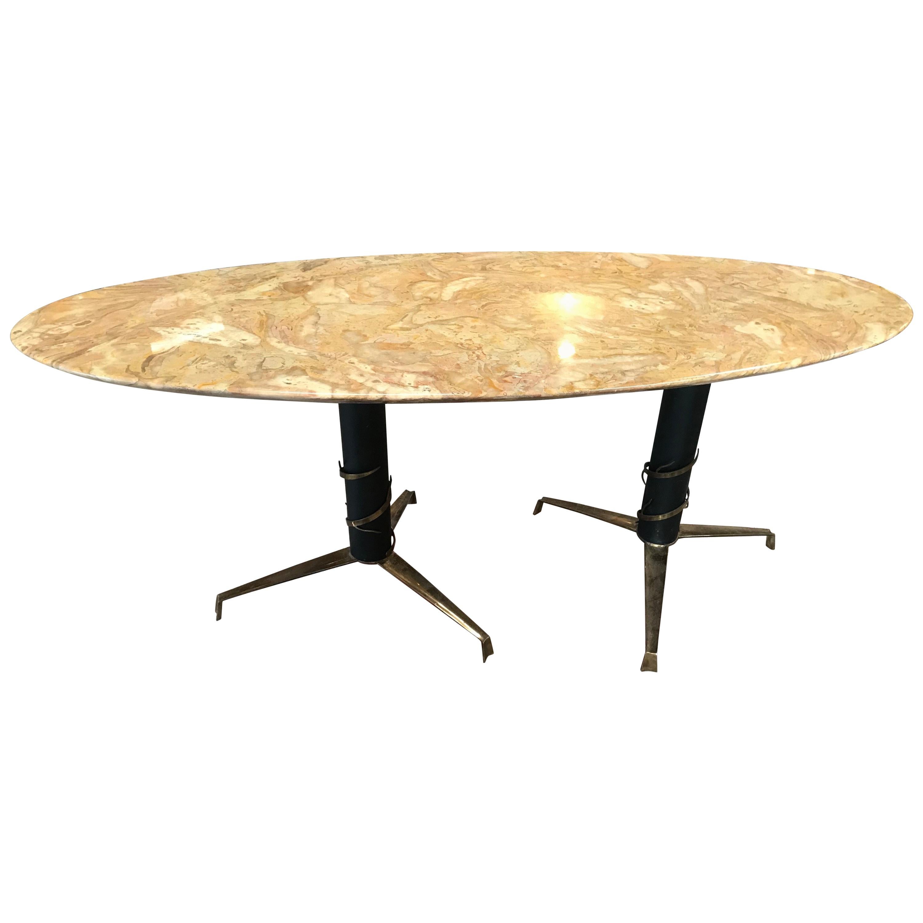Mid-Century Modern Italian Yellow Marble and Brass Oval Coffee Table, 1950