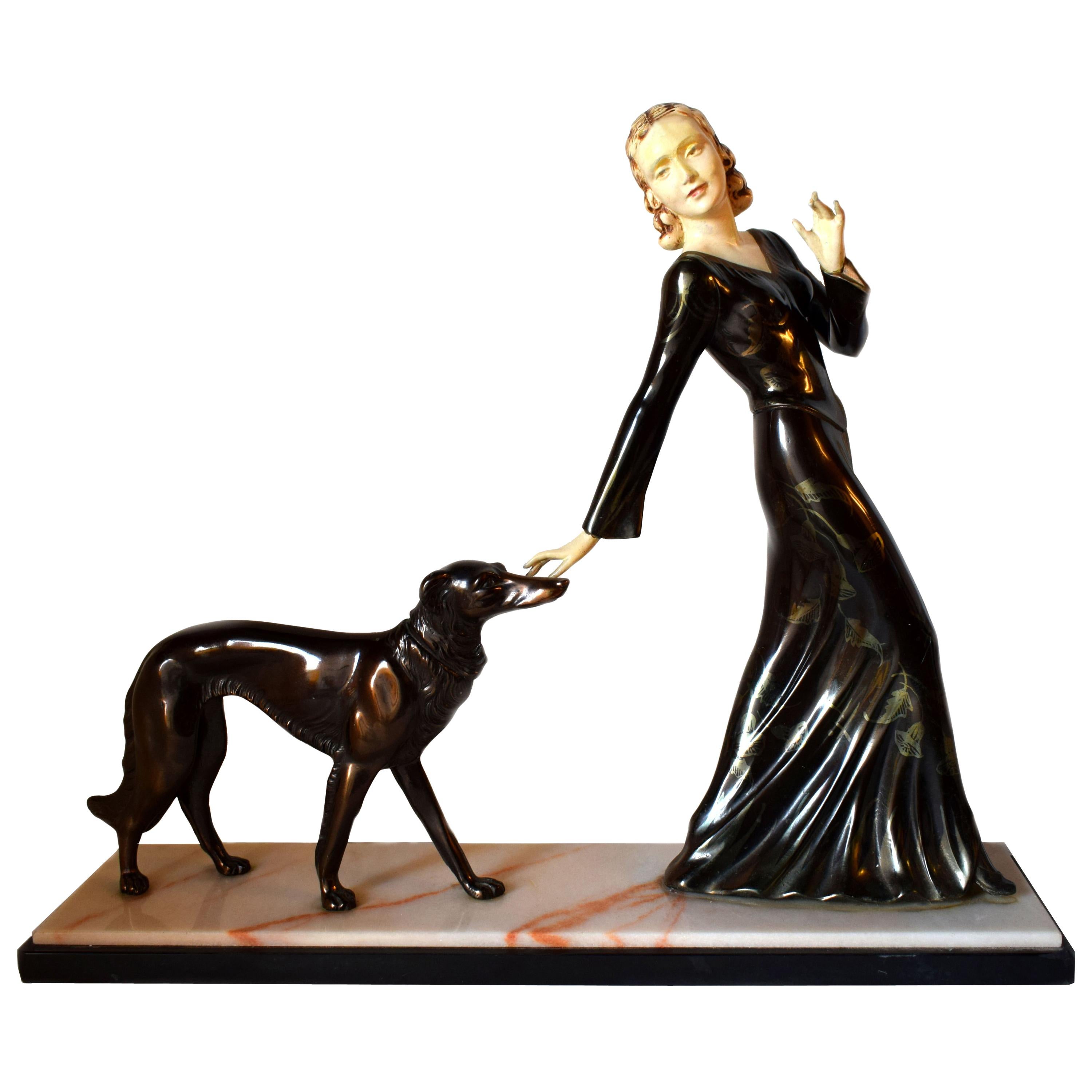 Huge Art Deco Figural Group by M. Secondo 'Lady and Her Dog'