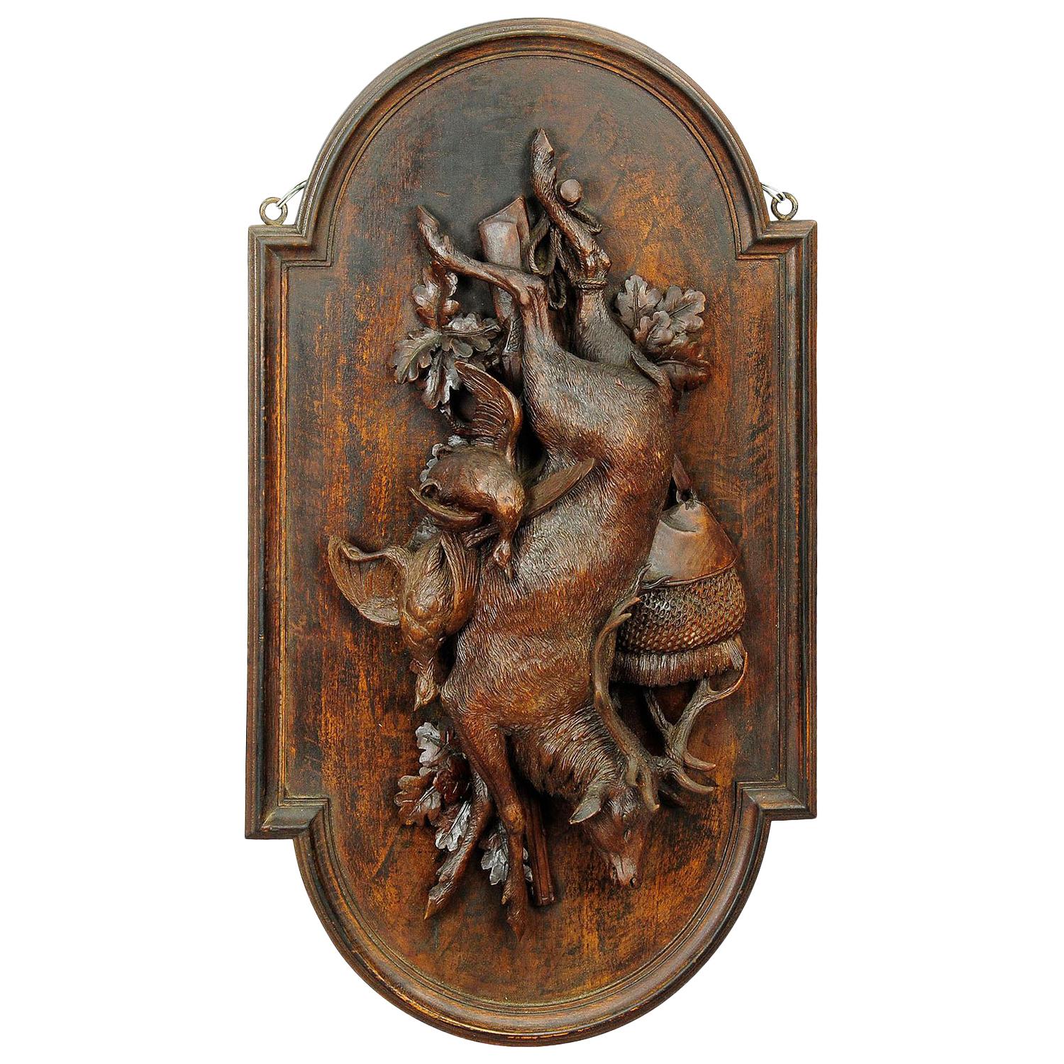 Wooden Carved Black Forest Game Plaque with Stag, Duck and Partridge