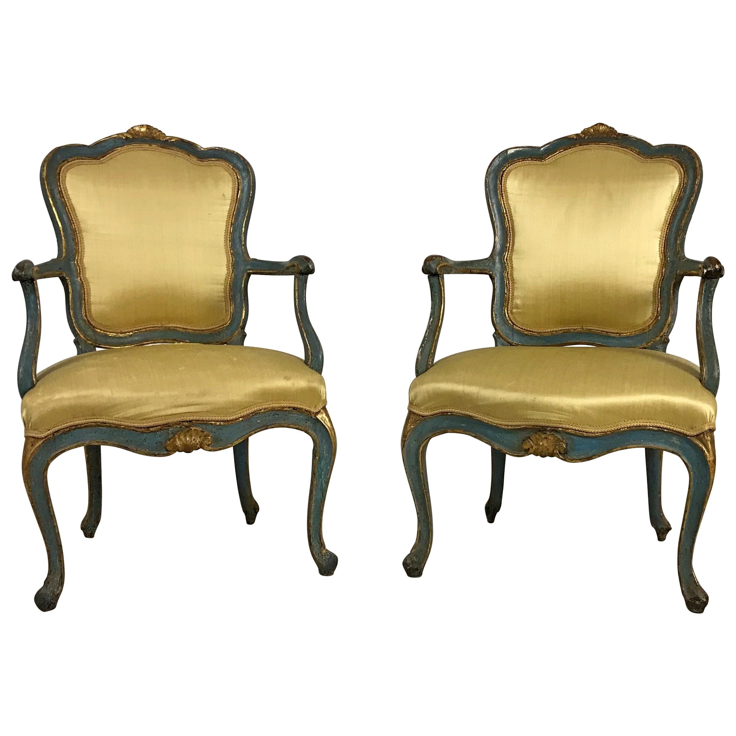 18th Century Gilded and Lacquered Venetian Louis XV Period Pair of Armchairs