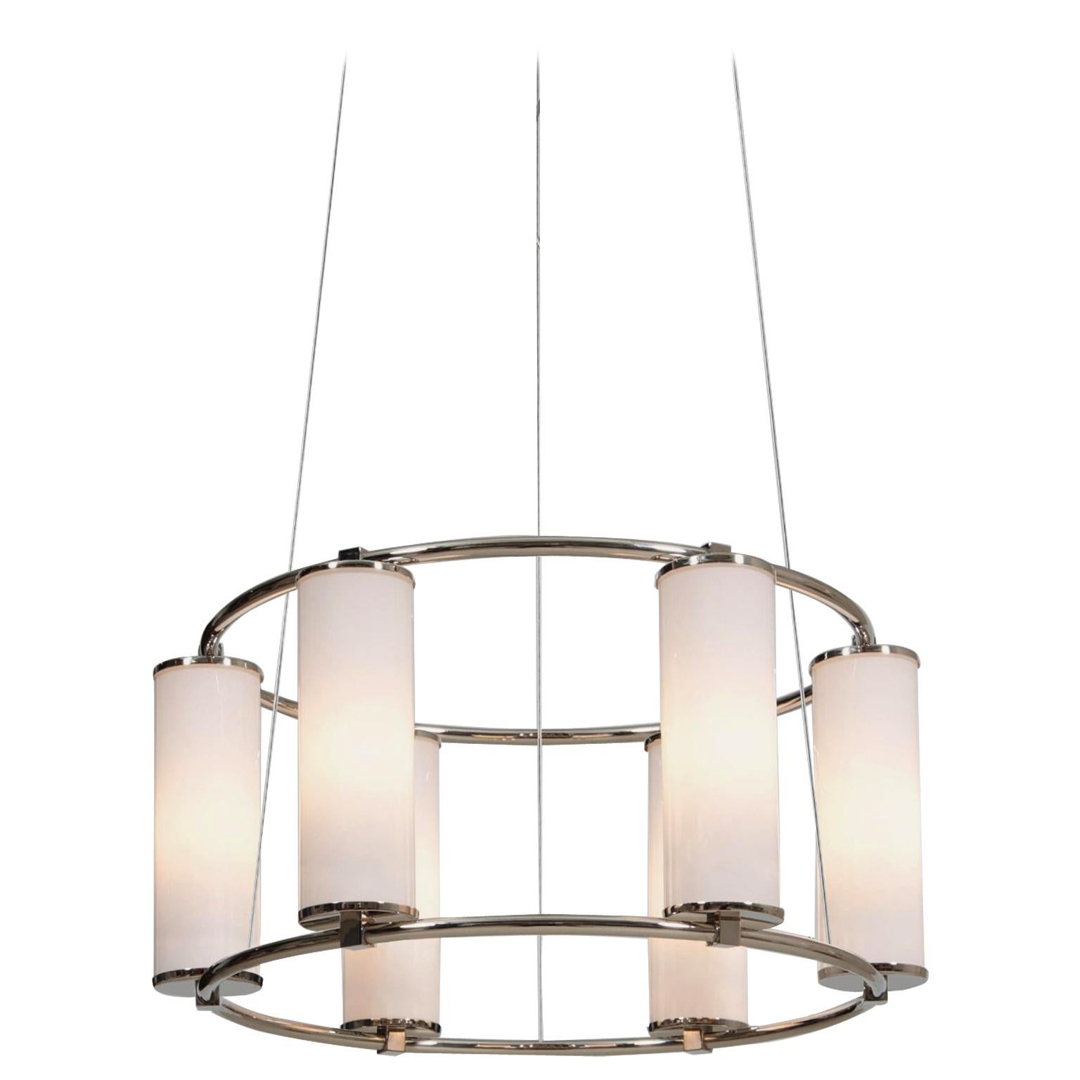 Modernist Circular 6-Light Chandelier, Nickel-Plated, Opaline Glass Cylinders