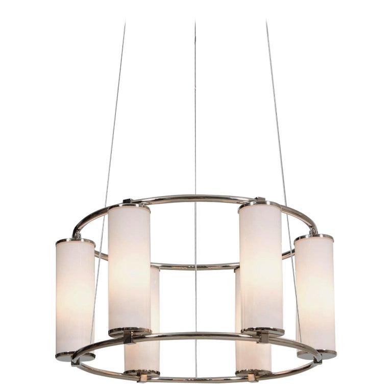 Modernist Circular 6Light Chandelier, NickelPlated, Opaline Glass