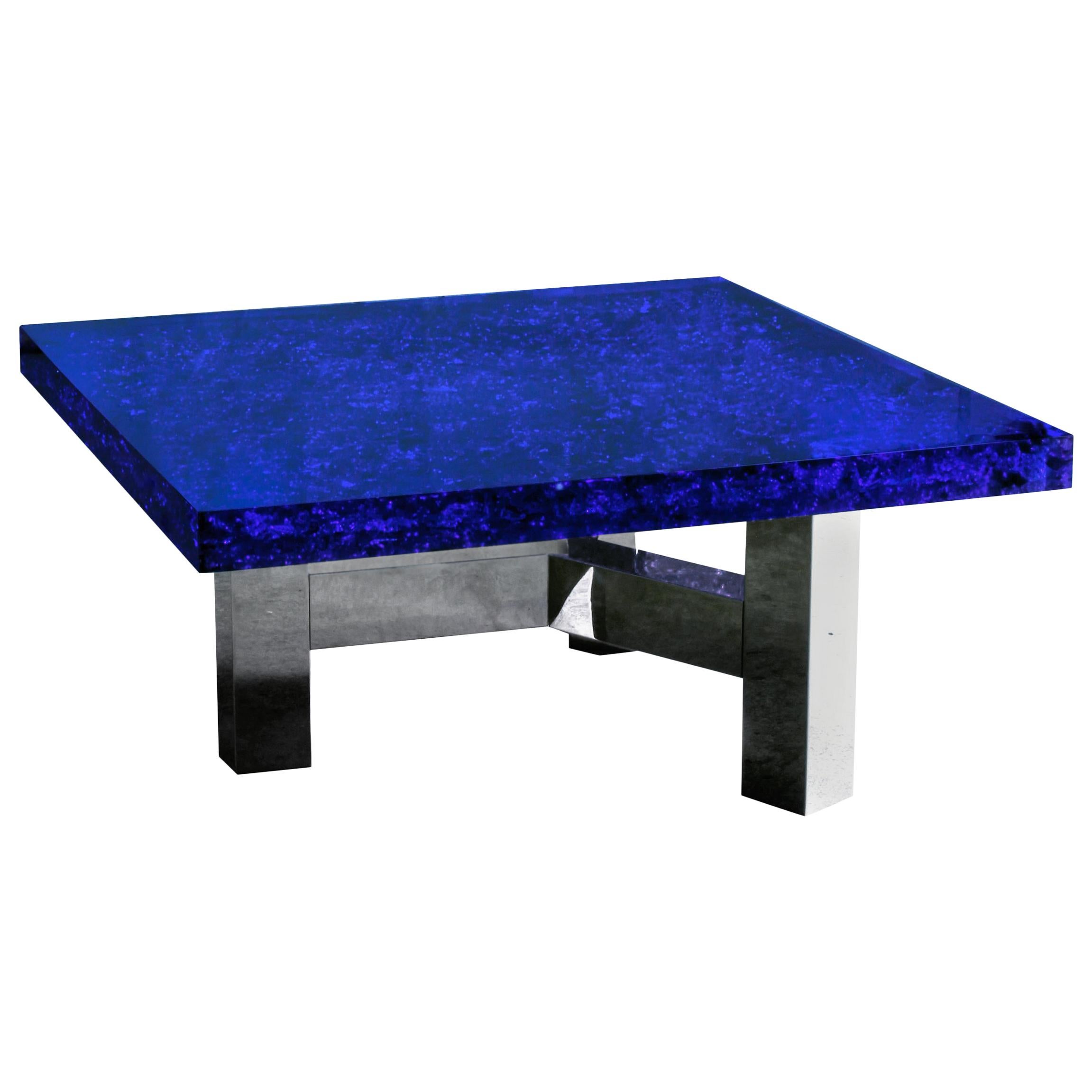 Blue Lucite and Murano Glass Coffee Table Nickel-Plated Brass Base "Riflessioni" For Sale