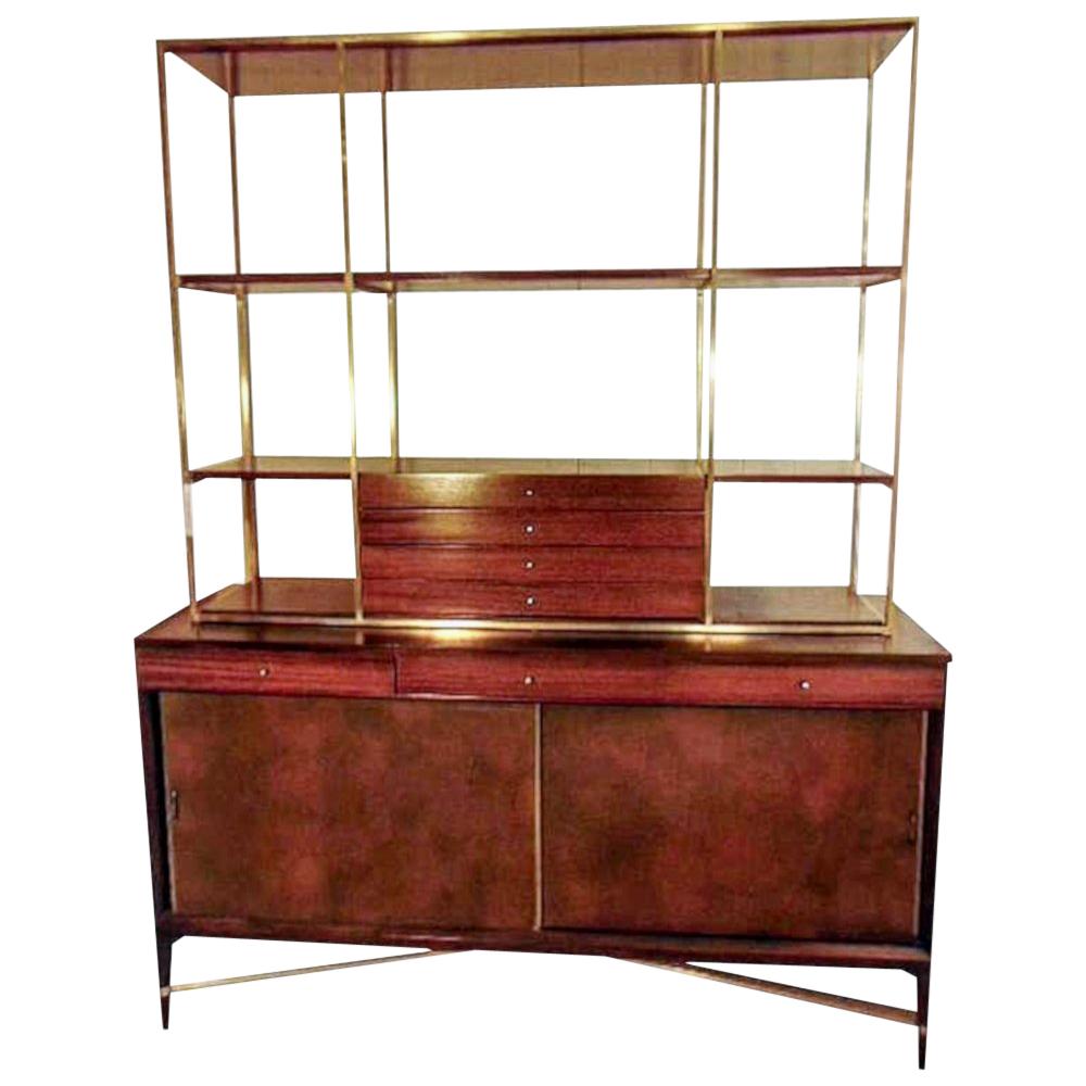Rare Paul McCobb Brass and Mahogany Bookcase with Leather Covered Doors