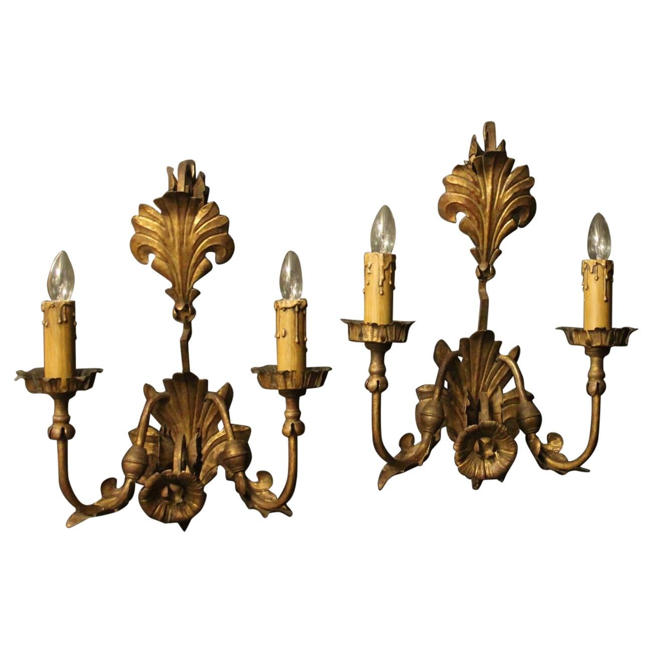 Florentine Pair of Gilded Leaf Twin Arm Antique Wall Lights