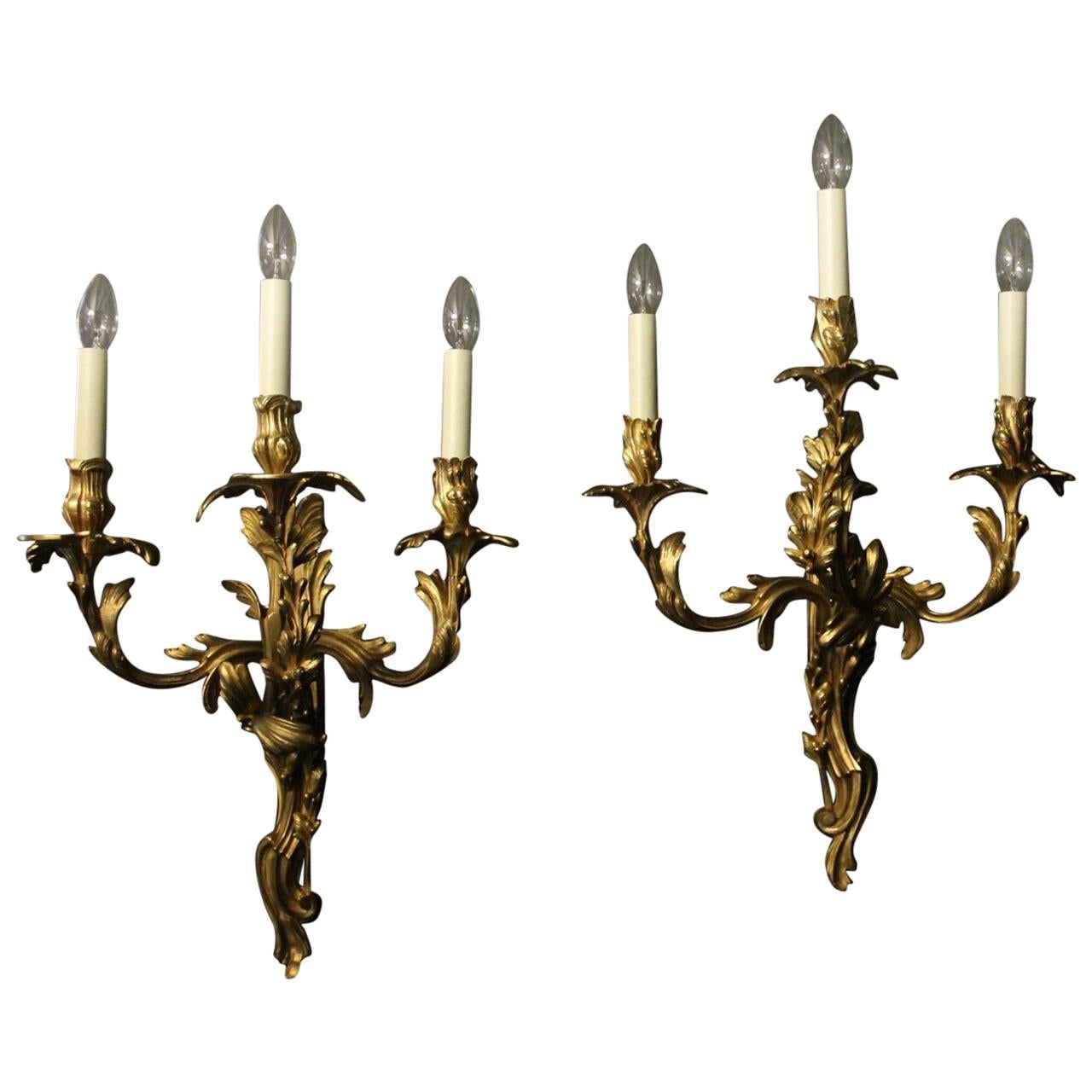 French Pair of 19th Century Gilded Bronze Triple Arm Antique Wall Sconces