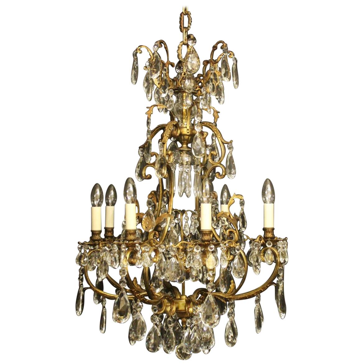 French Late 19th Century Gilded Bronze Crystal Cage Antique Chandelier