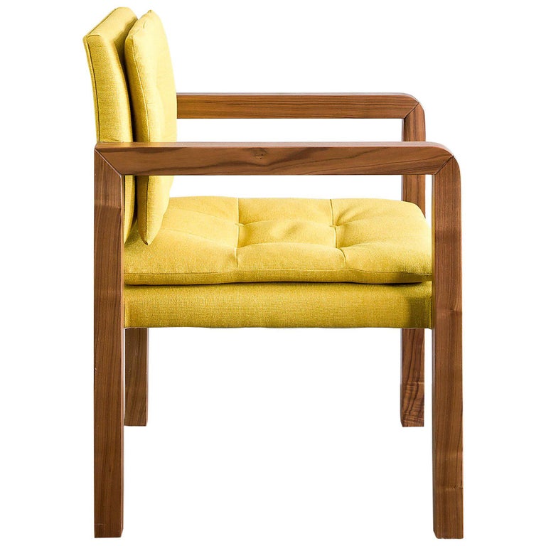 Pair of Bacco Carver Chair in Walnut Upholstered with Lino Mustard, Show Room For Sale