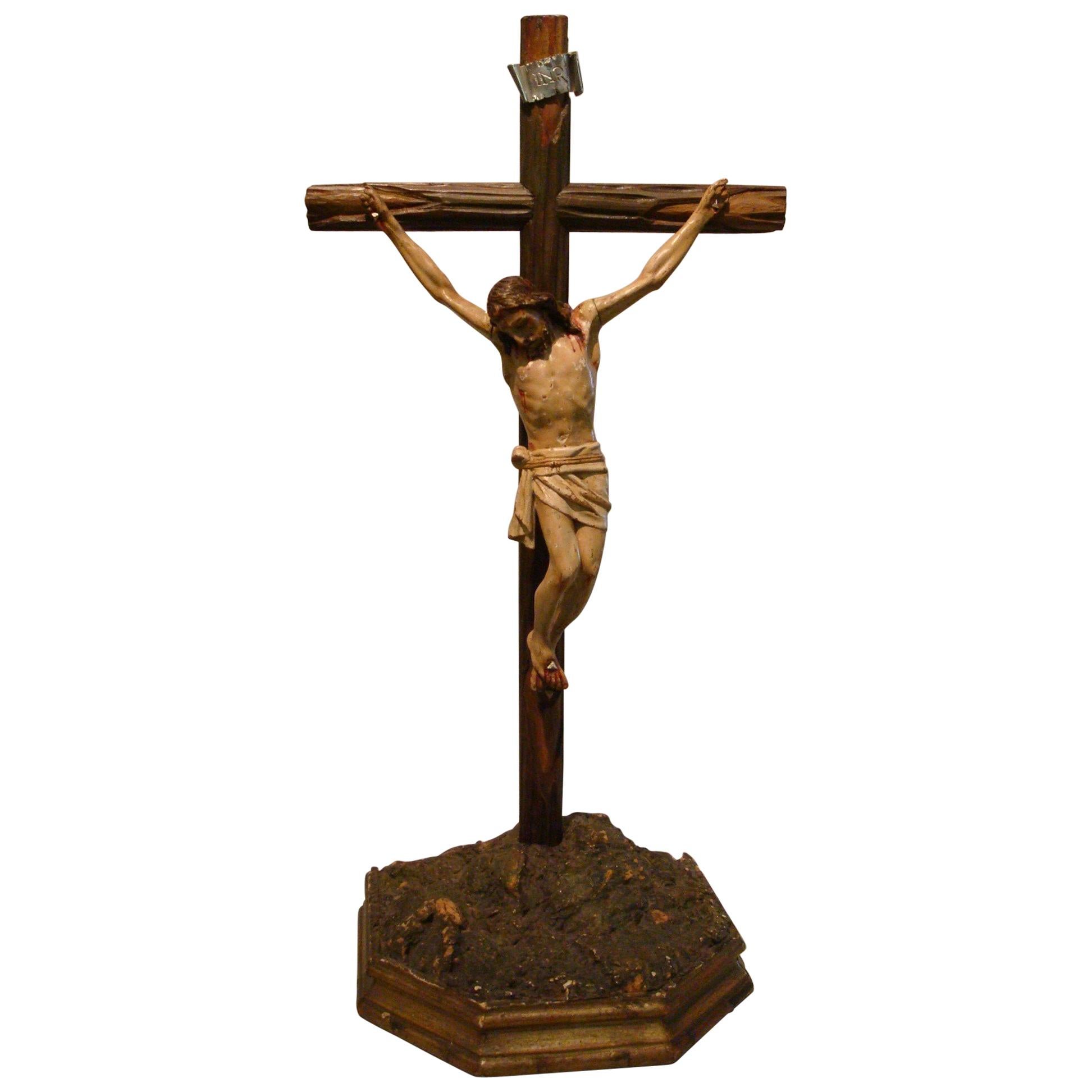 Hand Carved and Polychromed Wood Table Jesus Crucifix, circa 1850-1880