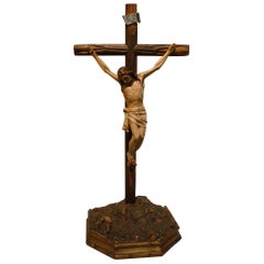 Hand Carved and Polychromed Wood Table Jesus Crucifix, circa 1850-1880