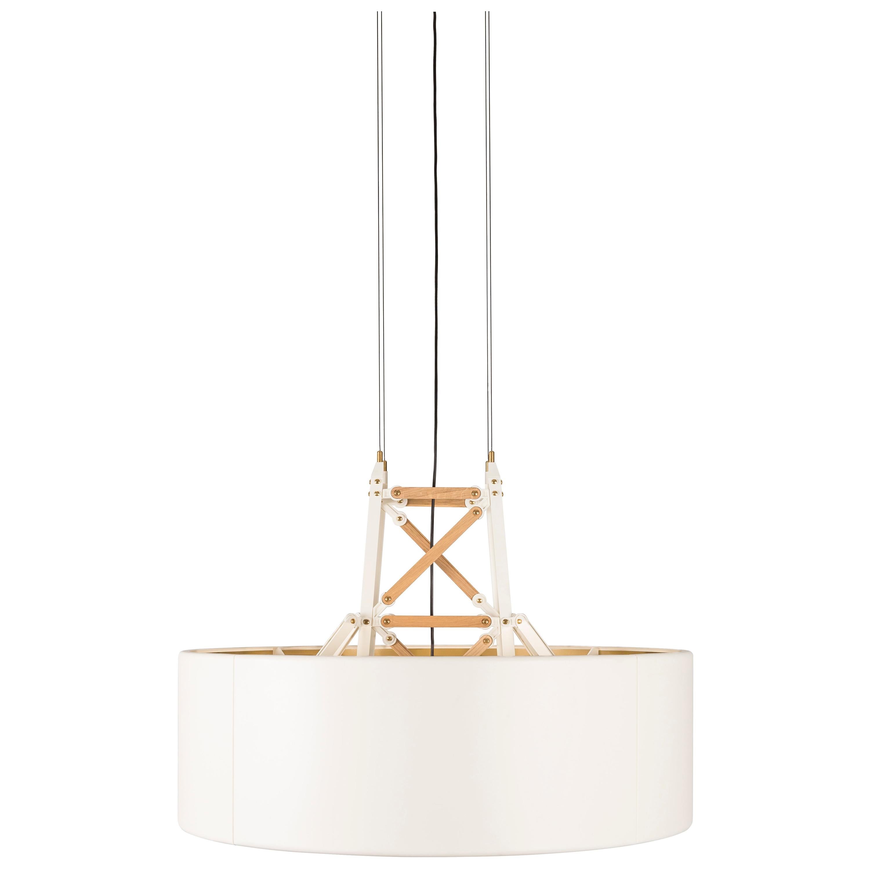 Moooi Construction Pendant Lamp Medium in White and Wood with Brass Details For Sale