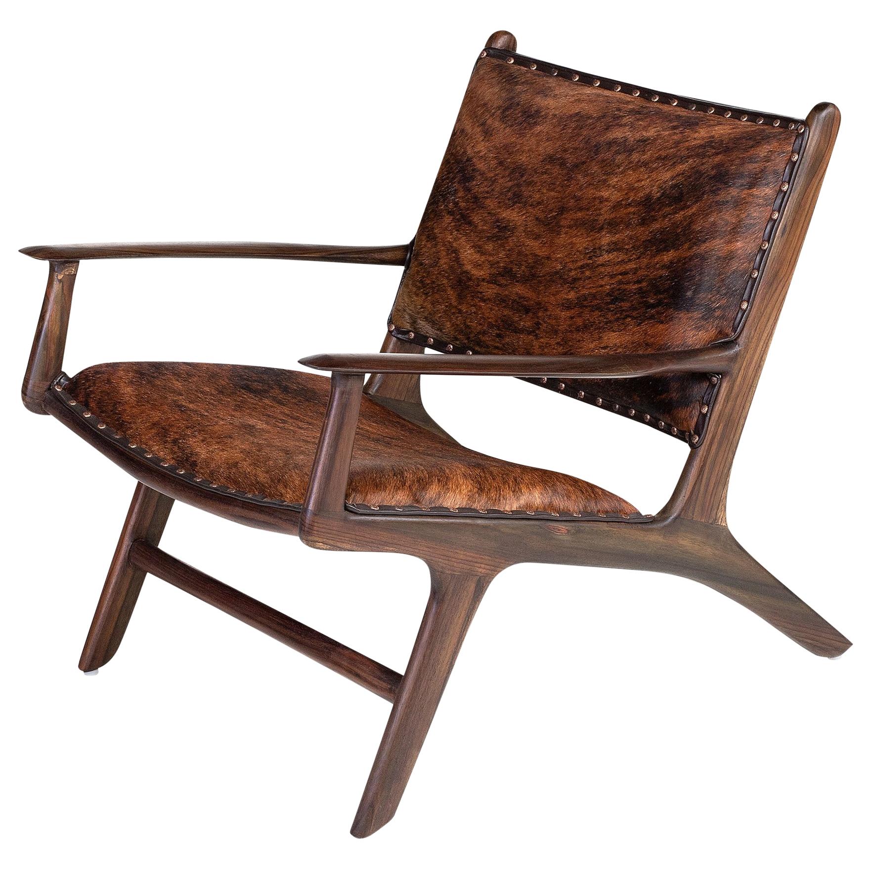 Midcentury Design and Danish Look Teak Wooden and Leather Lounge Armchair