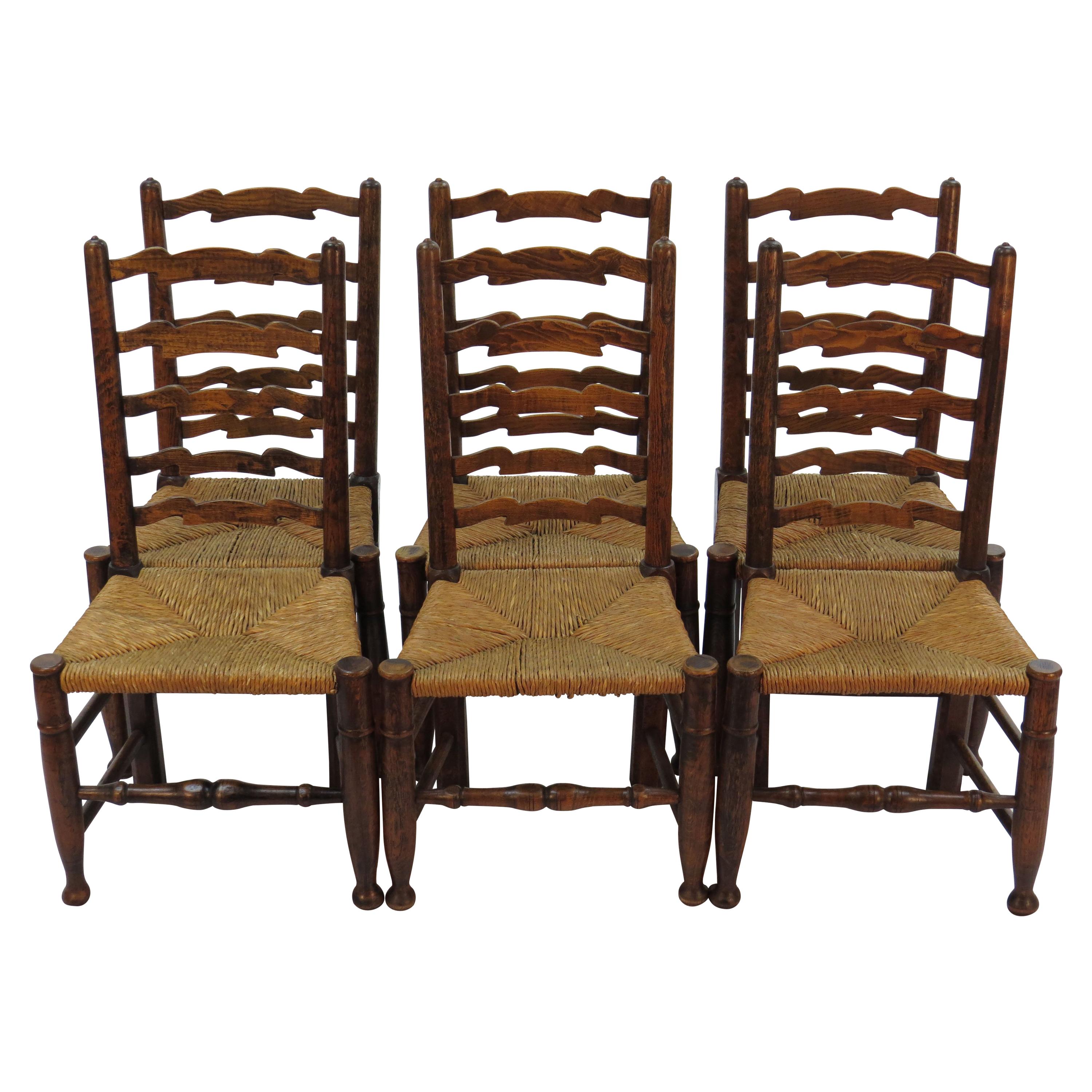 English Oak Set of Six Ladder Back Dining Kitchen Chairs For Sale