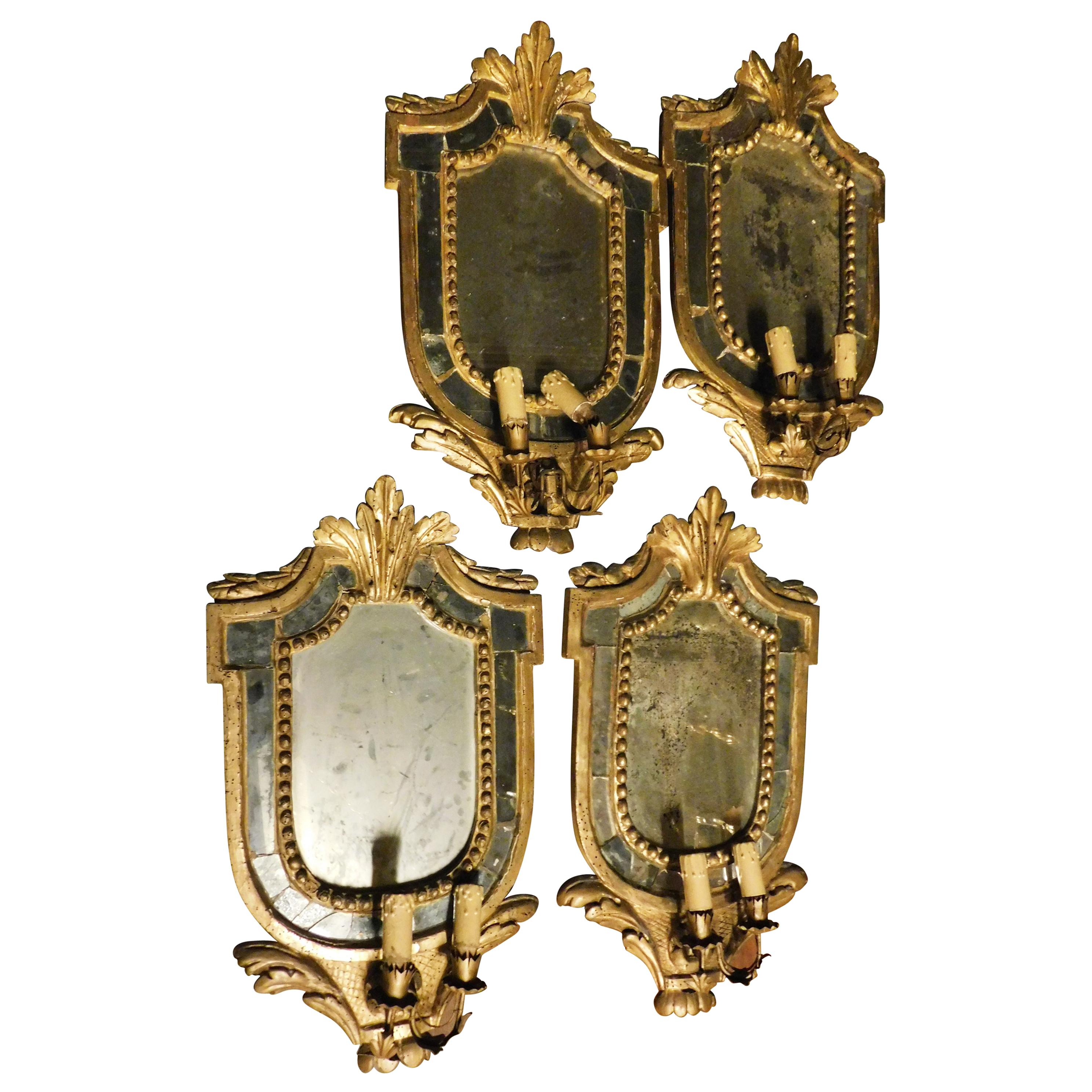 18th Century Four Antique Golden Frames with Mirrors and Candleholder