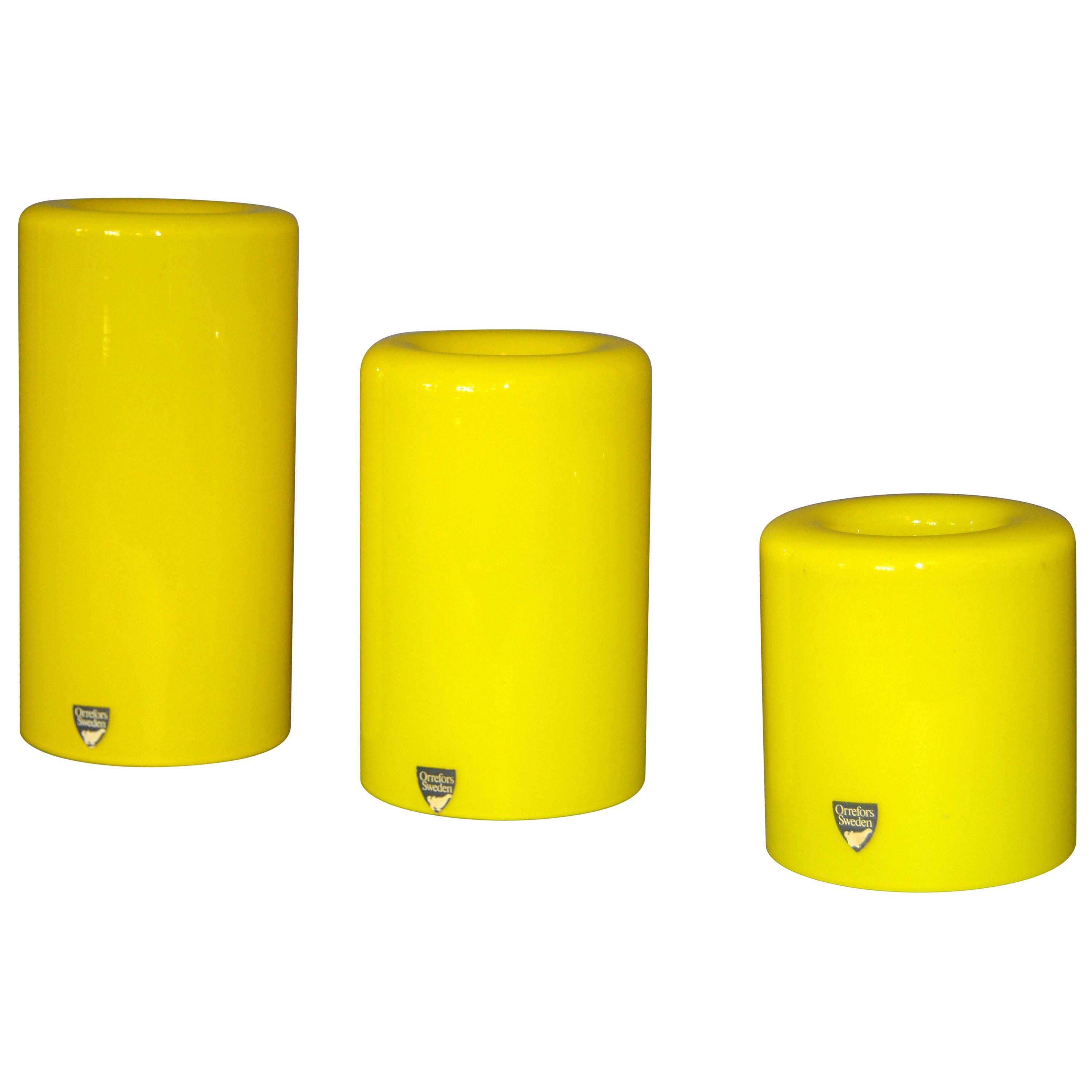 3 Orrefors Yellow Glass 'Eternell' Candlestick Holders, Designed by Owe Elvén