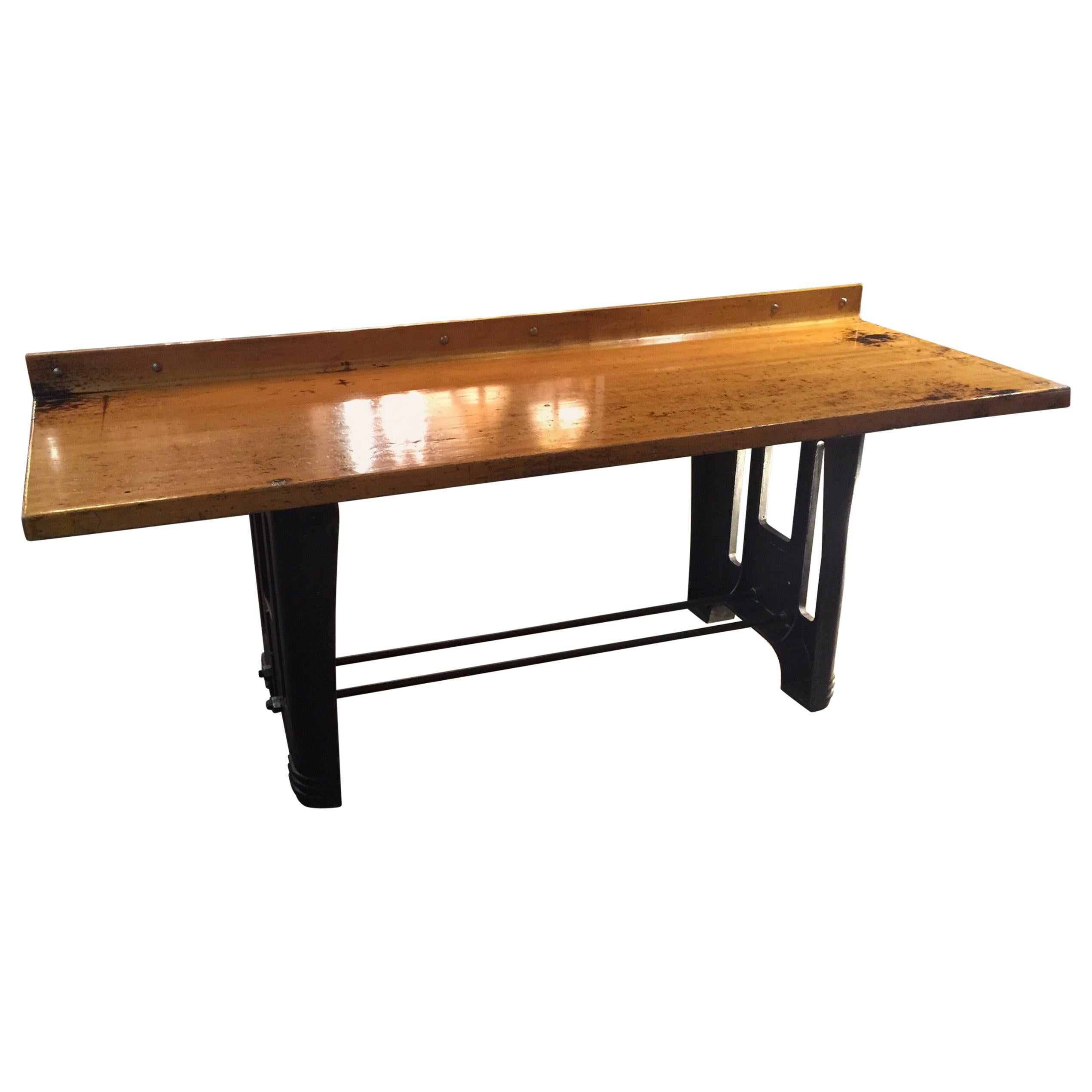 Maple Table with Refinished Vintage Steel Base Industrial Style, circa Mid-1900s
