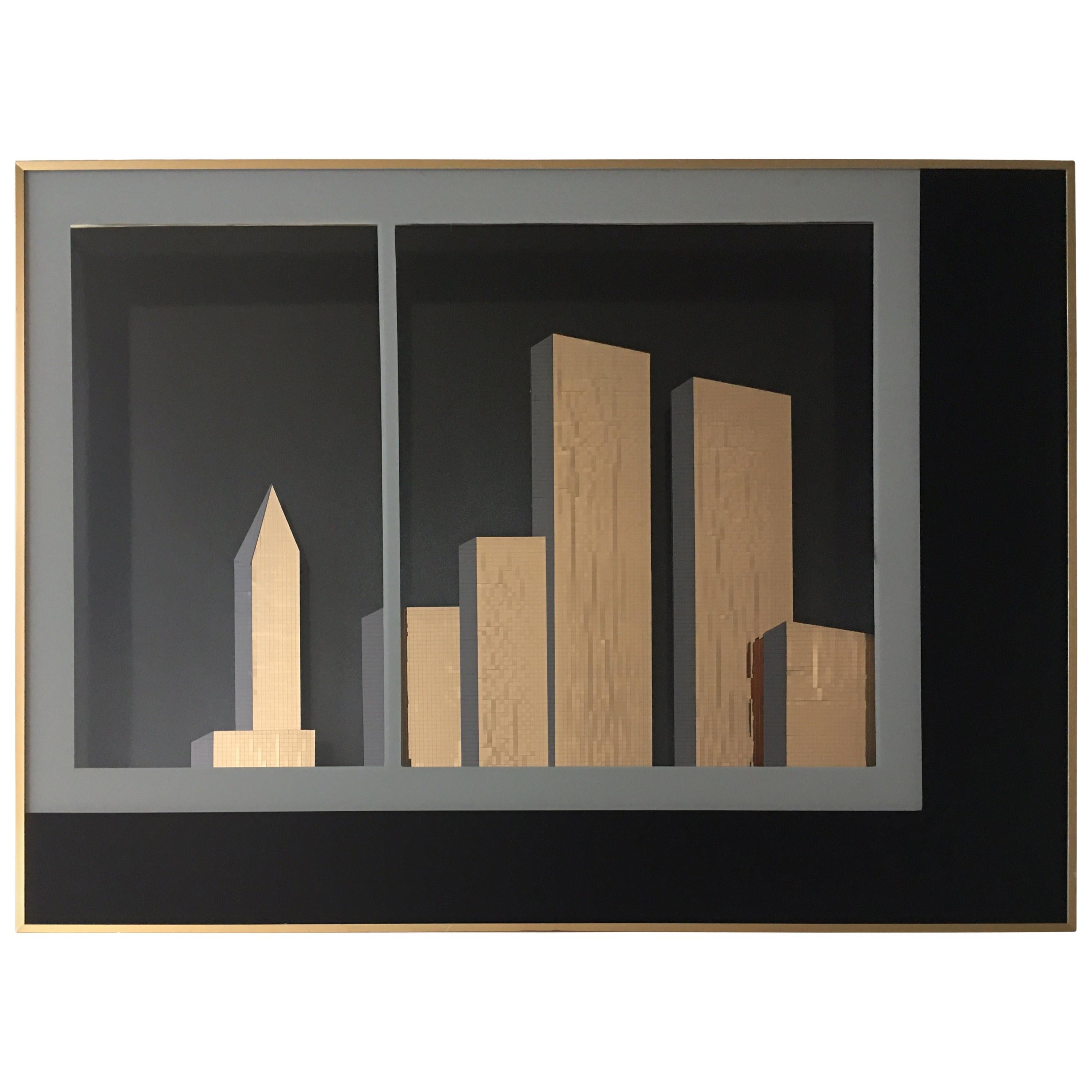 NYC Cityscape Cubist Gold and Black Mirror Wall Art by Jon Gilmore, 1980s
