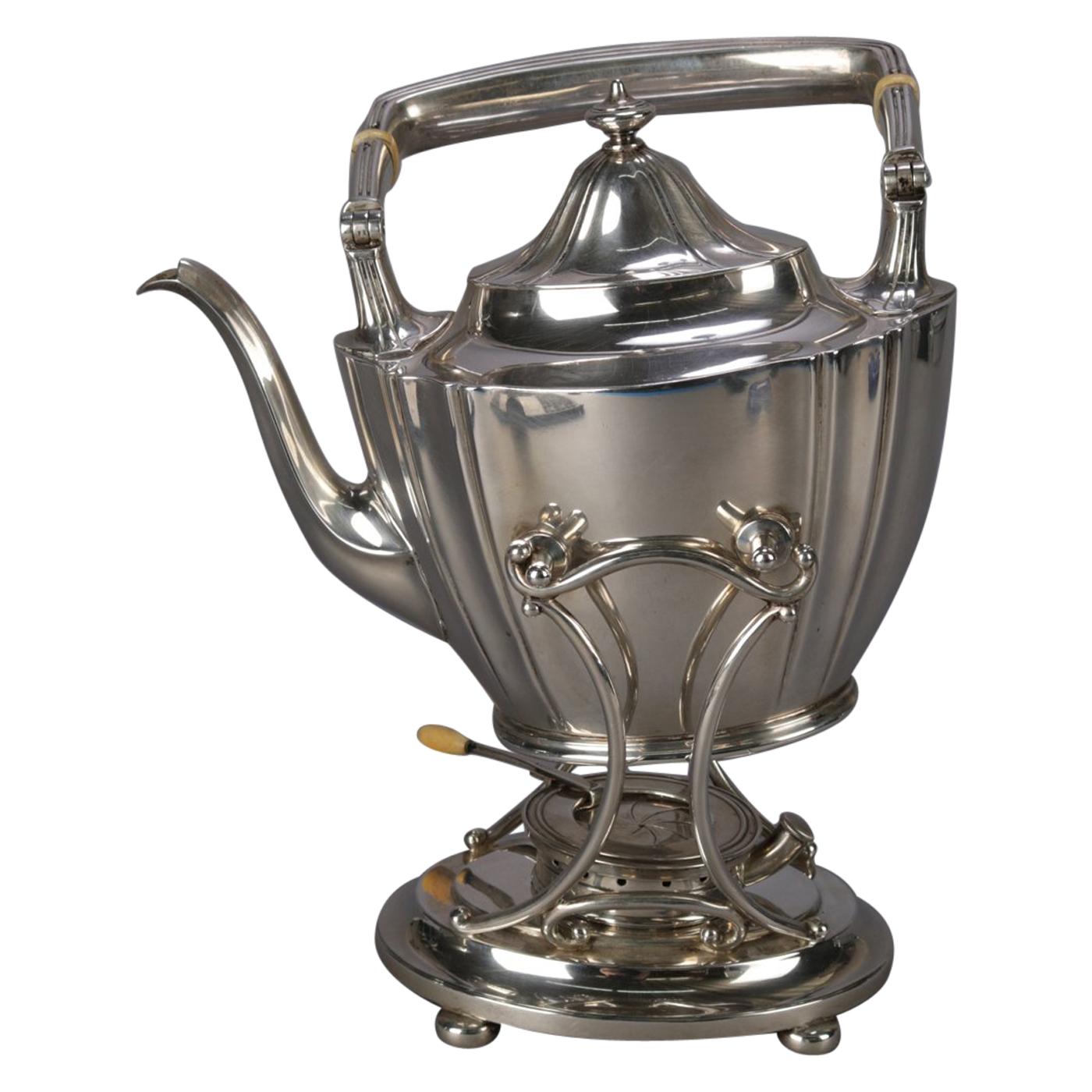 J. E. Caldwell Sterling Silver Teapot on Warming Stand with Burner, 20th Century
