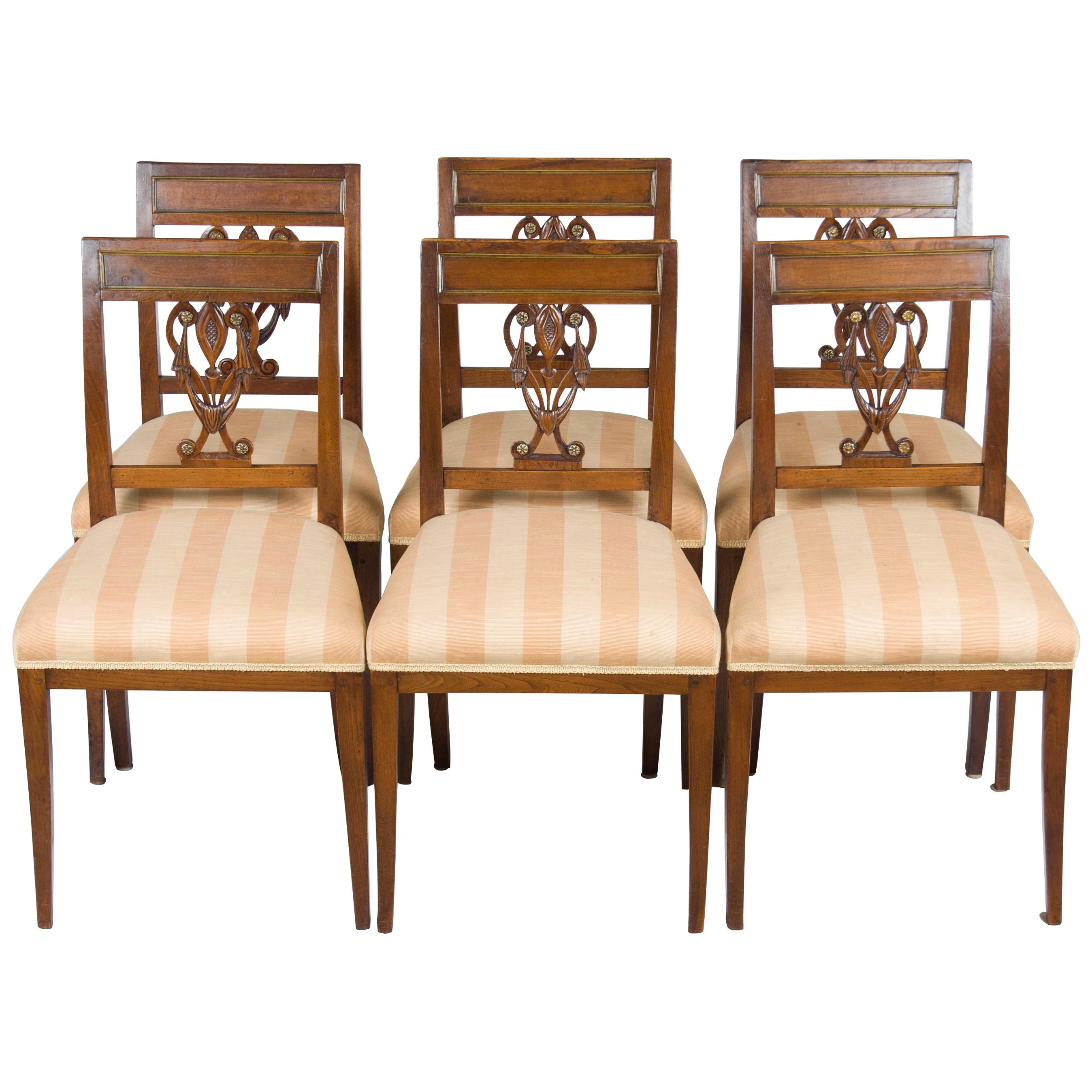 Set of Six Biedermeier Style Oak and Brass Dining Room Kitchen Chairs For Sale