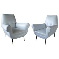 Pair of Italian Modern Leather and Brass Lounge Chairs, Gigi Radice for Minotti