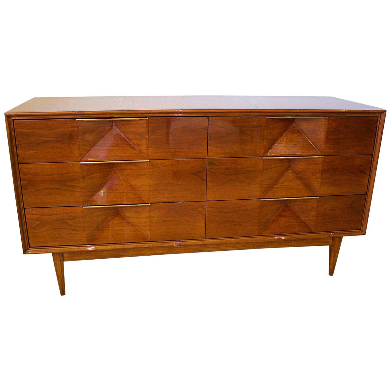 American Modern Walnut and Brass Chest of Drawers, American of Martinsville