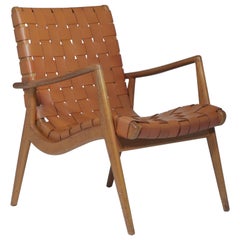 Fauteuil Mel Smilow en cuir tissé et noyer:: moderne du milieu du siècle dernier