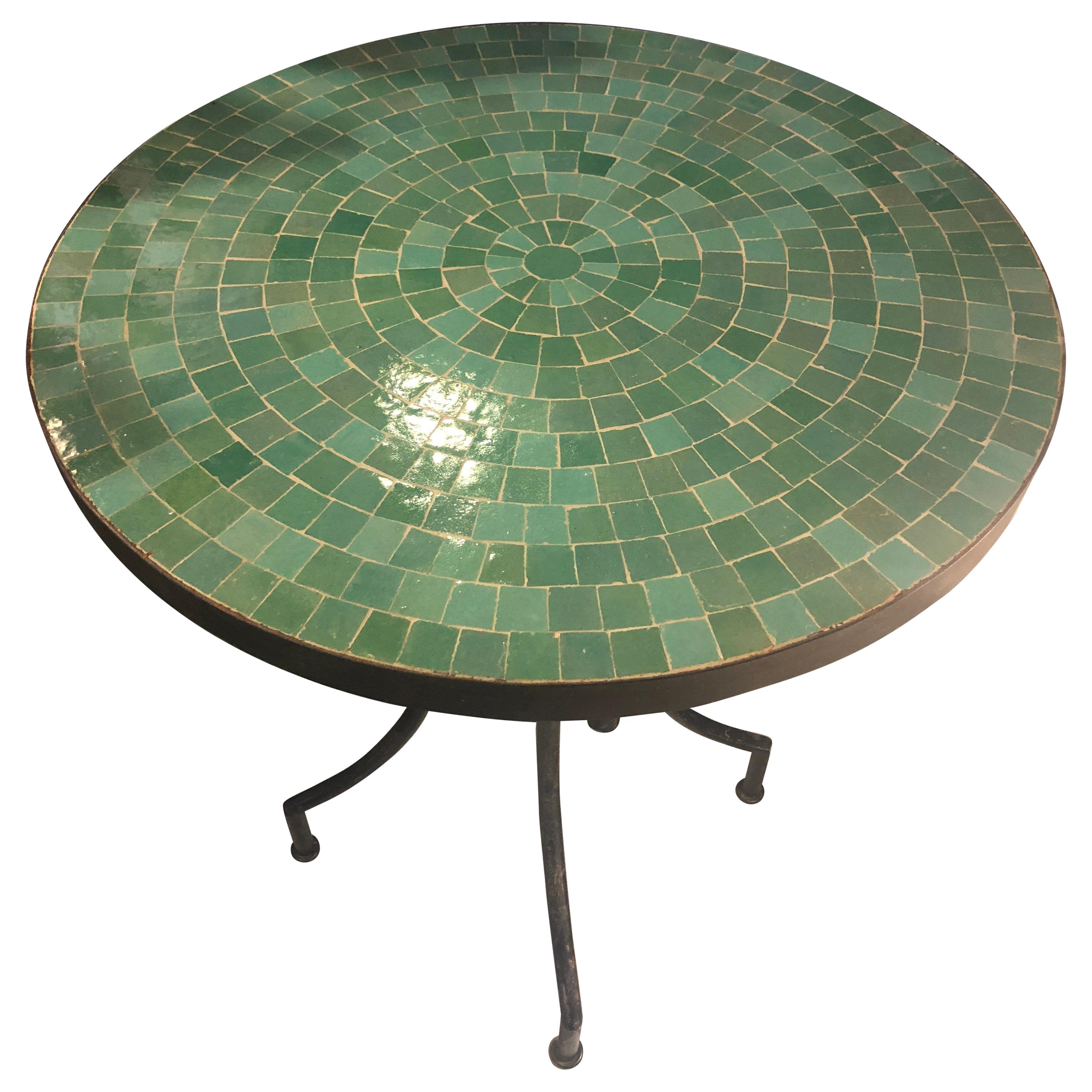 Moroccan Micro Mosaic Turquoise Green Tabletop on a Wrought Iron Base