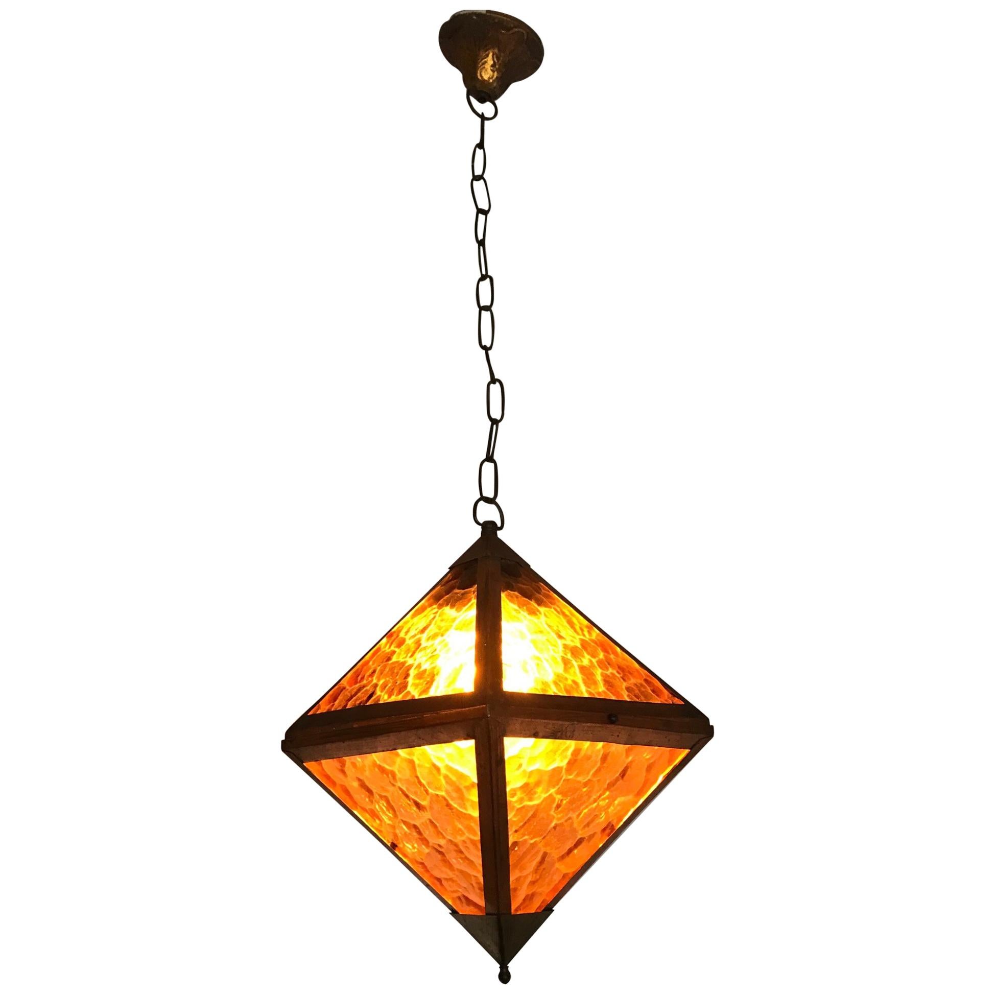 Early 20th Century Arts & Crafts Copper and Glass Cube Shape Pendant Light Lamp