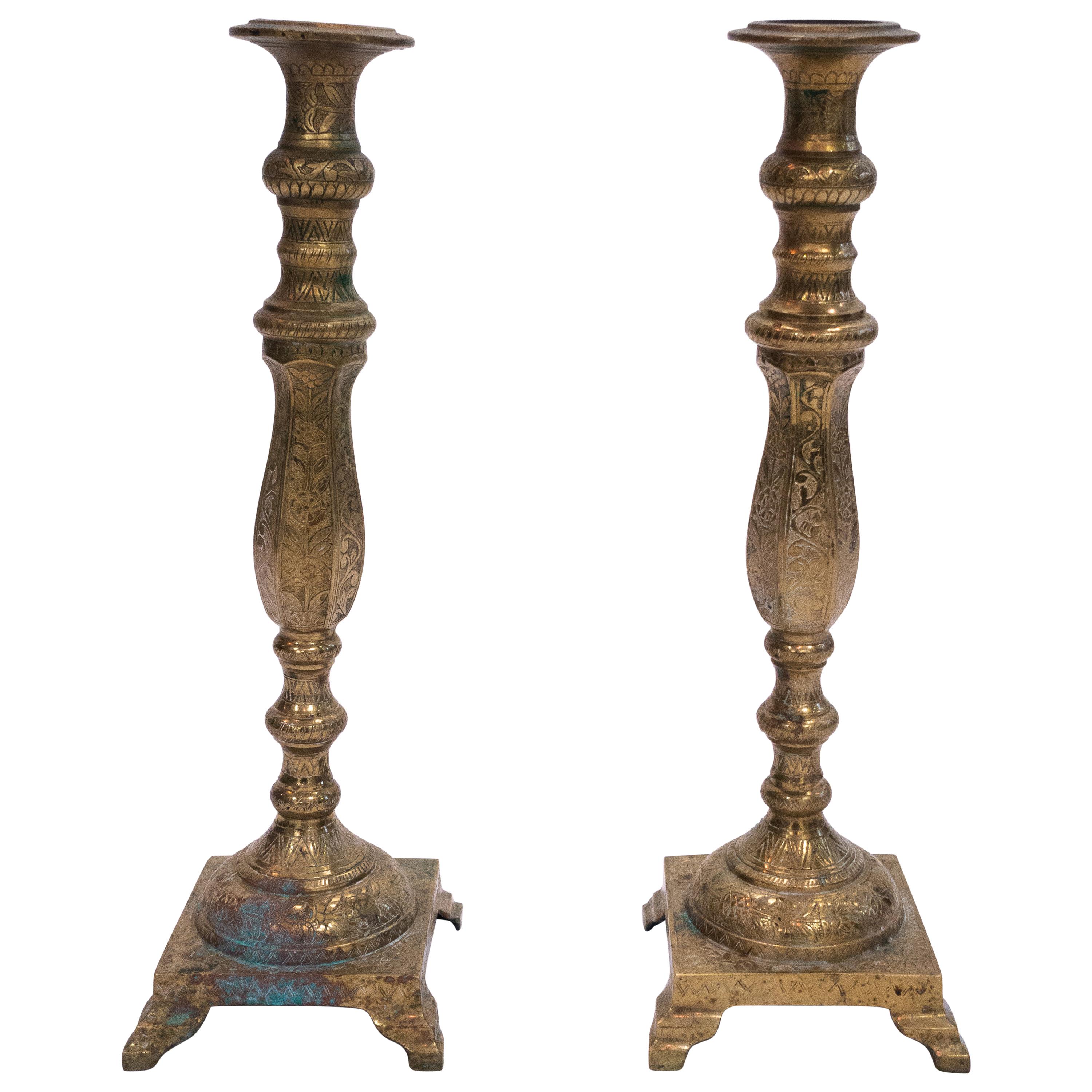 Pair of Tall Moroccan Brass Candlesticks, 1950s