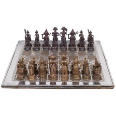 Midcentury Bronze and Brass Inlay Indian Chess Set, circa 1960