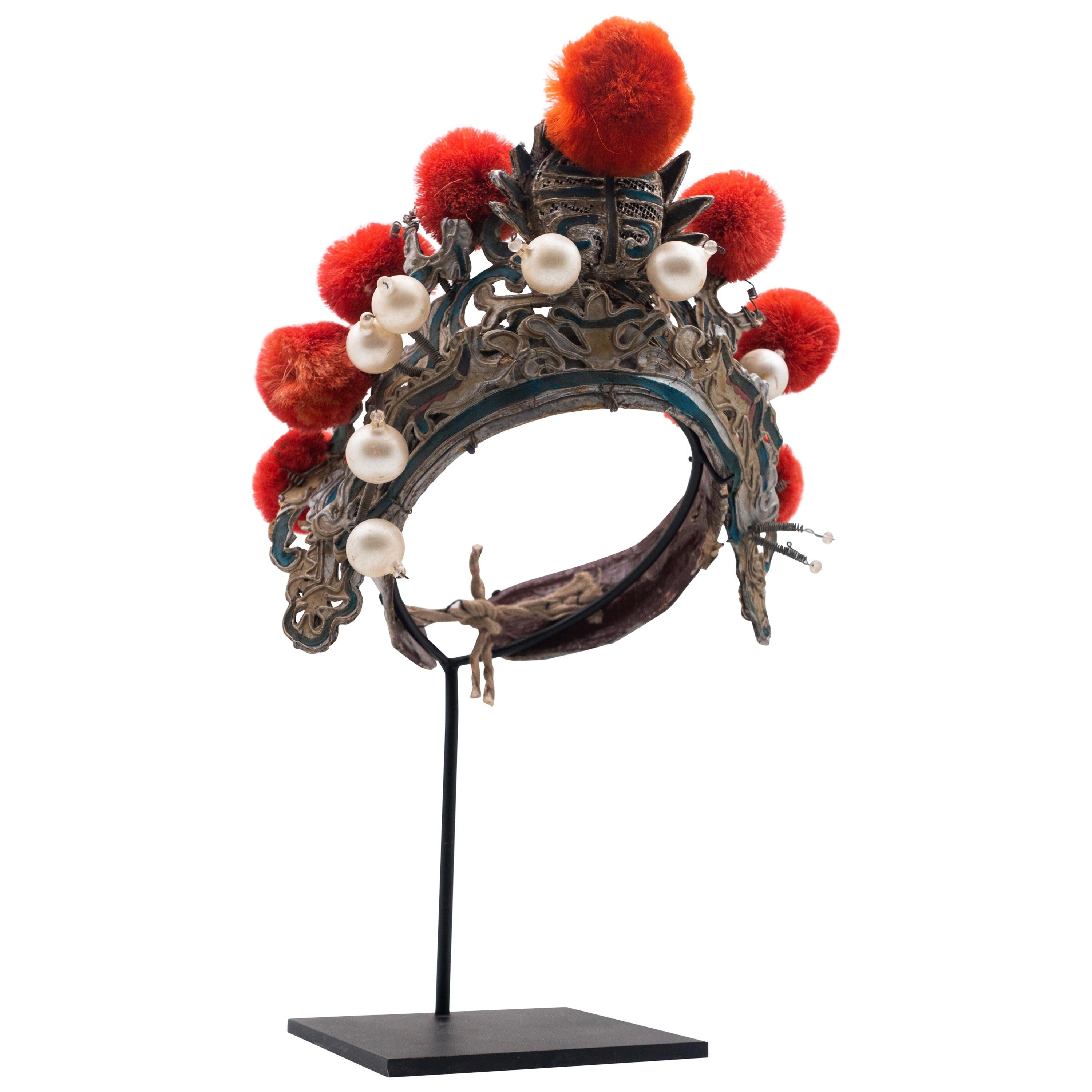 Antique Chinese Theatre Opera Headdress in Turquoise and Coral Colored Pom Poms