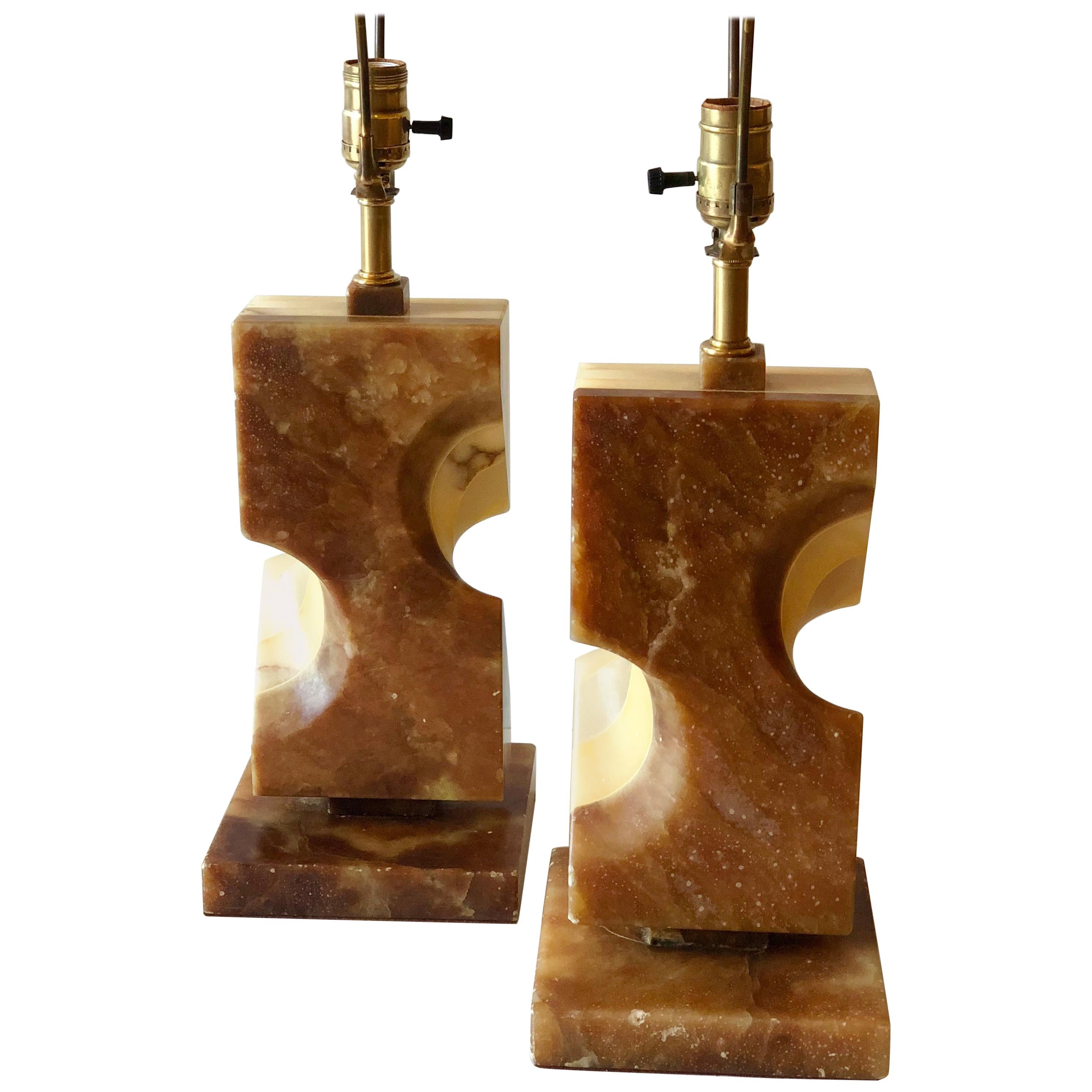 Pair of Modernist Abstract Carved Onyx Table Lamps Sculptures For Sale