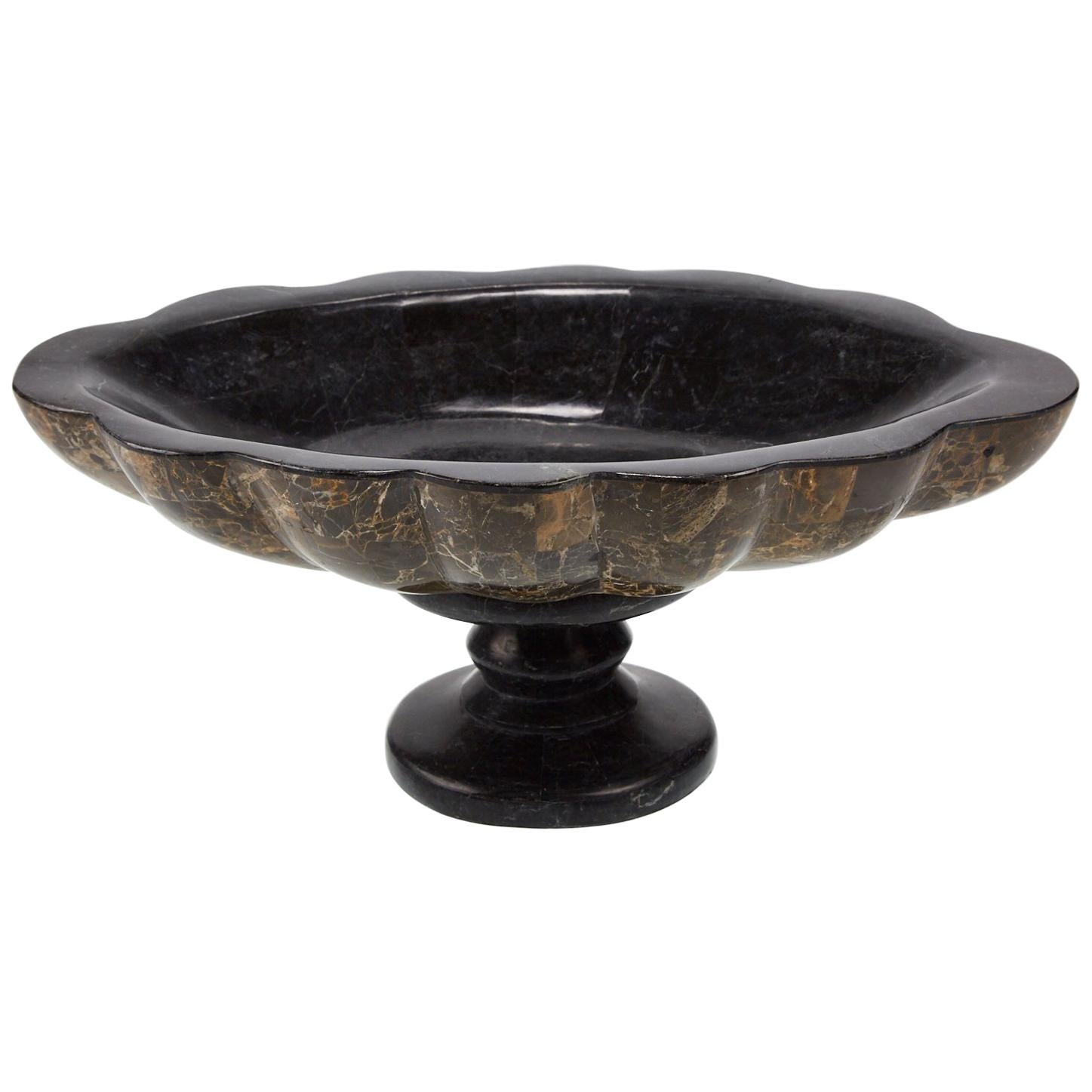 Elevated Tessellated Stone Shell Bowl in Black and Snakeskin Stones, 1990s For Sale