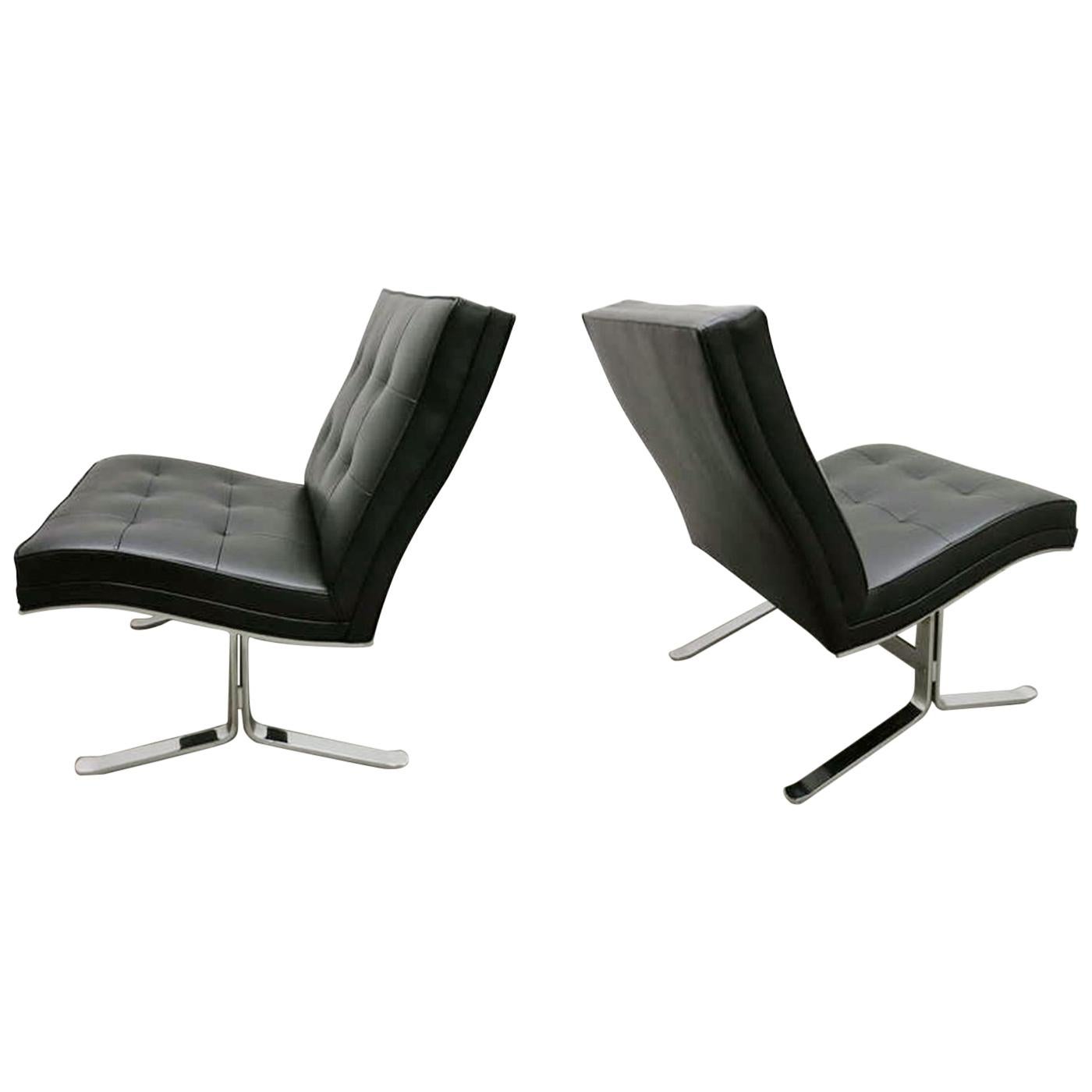 Pair of Leather and Steel Lounge Chairs by Mobilier International, France, 1970s