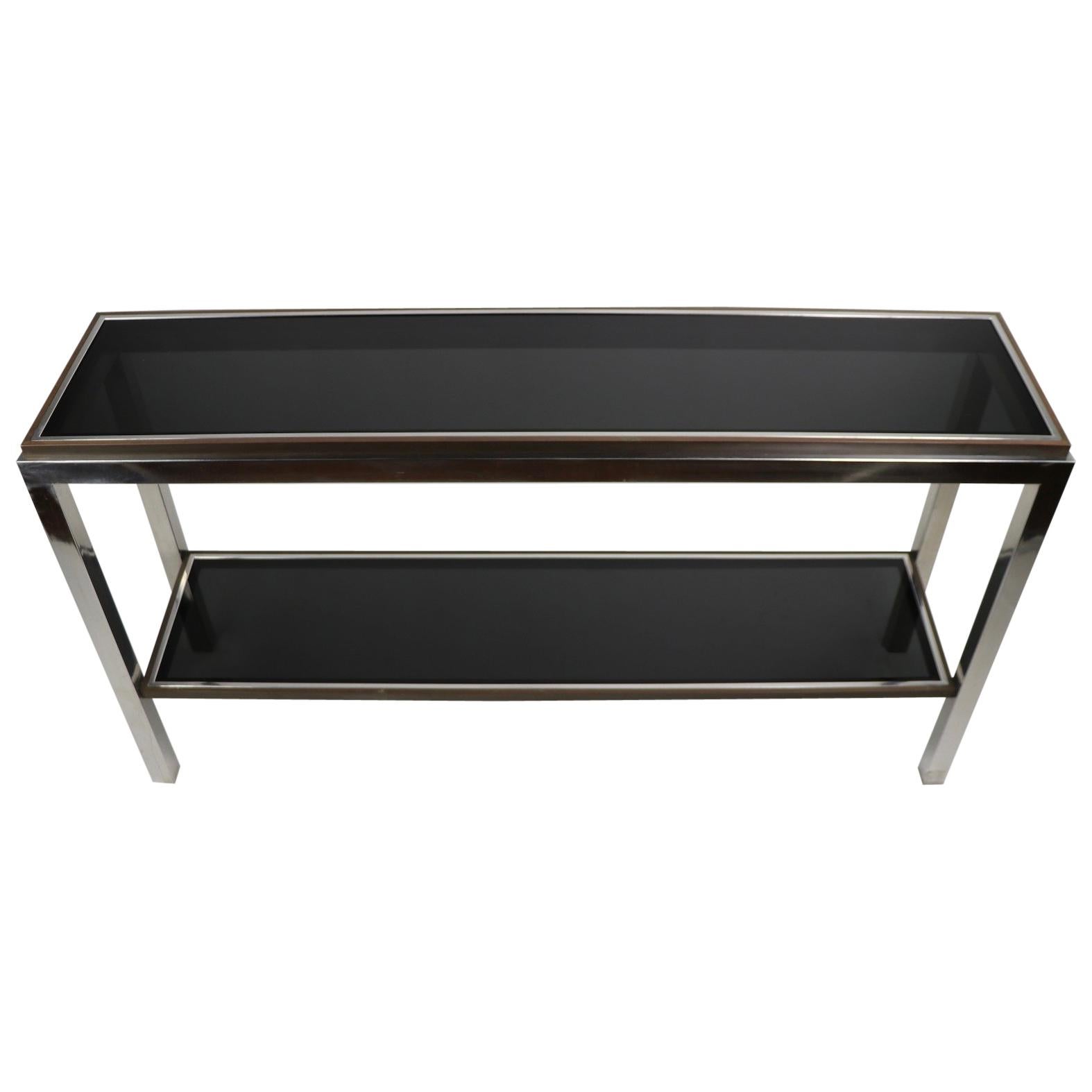 Chrome  Brass Bronze and Tinted Glass Two-Tier Console Signed Willy Rizzo