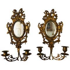 Antique French 19th Century Pair of Gold-Leaf Mirrored Two-Light Sconces