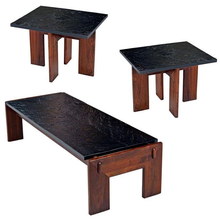 Adrian Pearsall Slate Top Walnut Base 3 Piece End Table