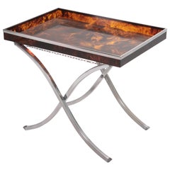 Table à plateau Hollywood Regency Française Chrome Faux Tortue Maison Mercier 1970