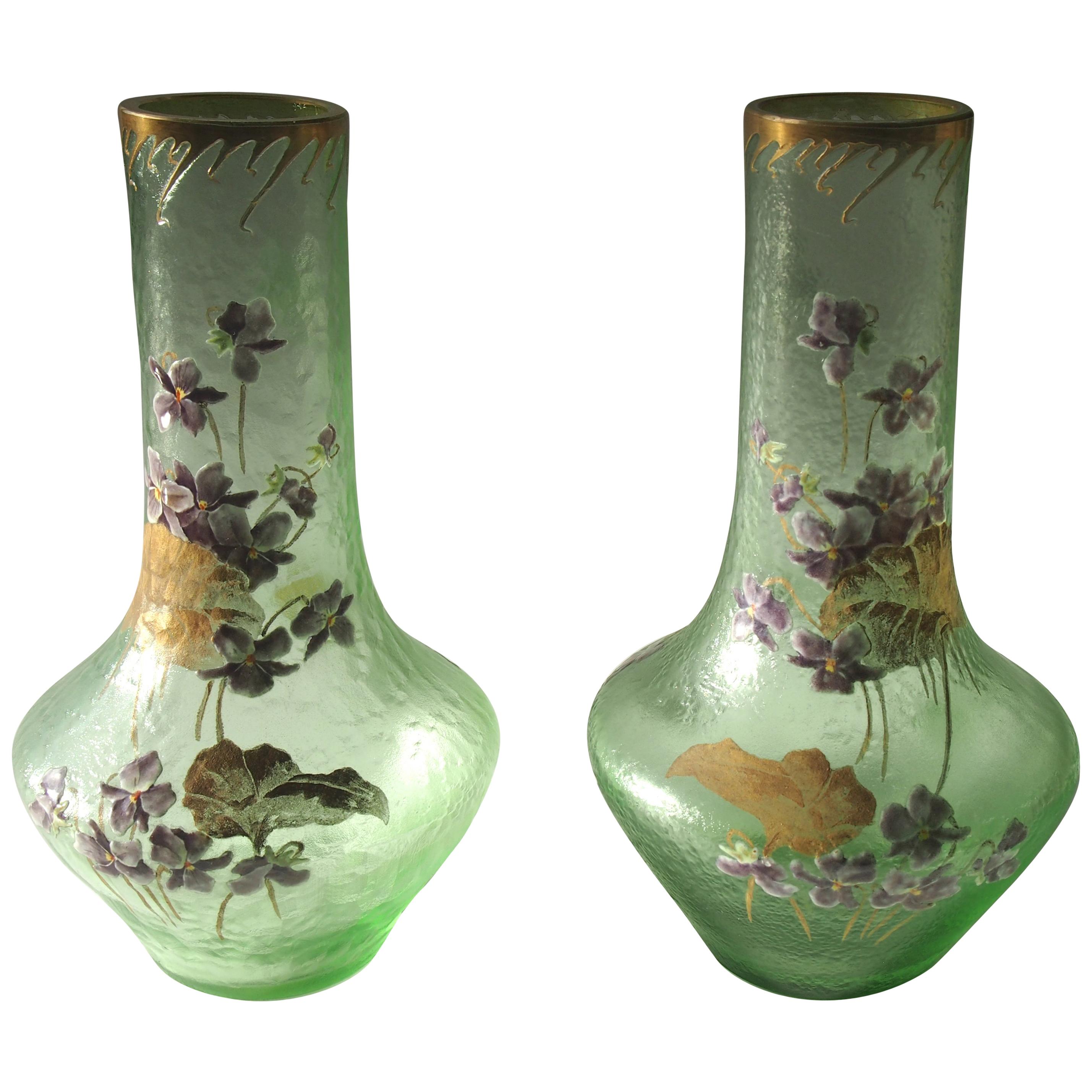 French Art Nouveau Legras Pair of Acid Cut Back Violets Glass Vases, circa 1898 For Sale