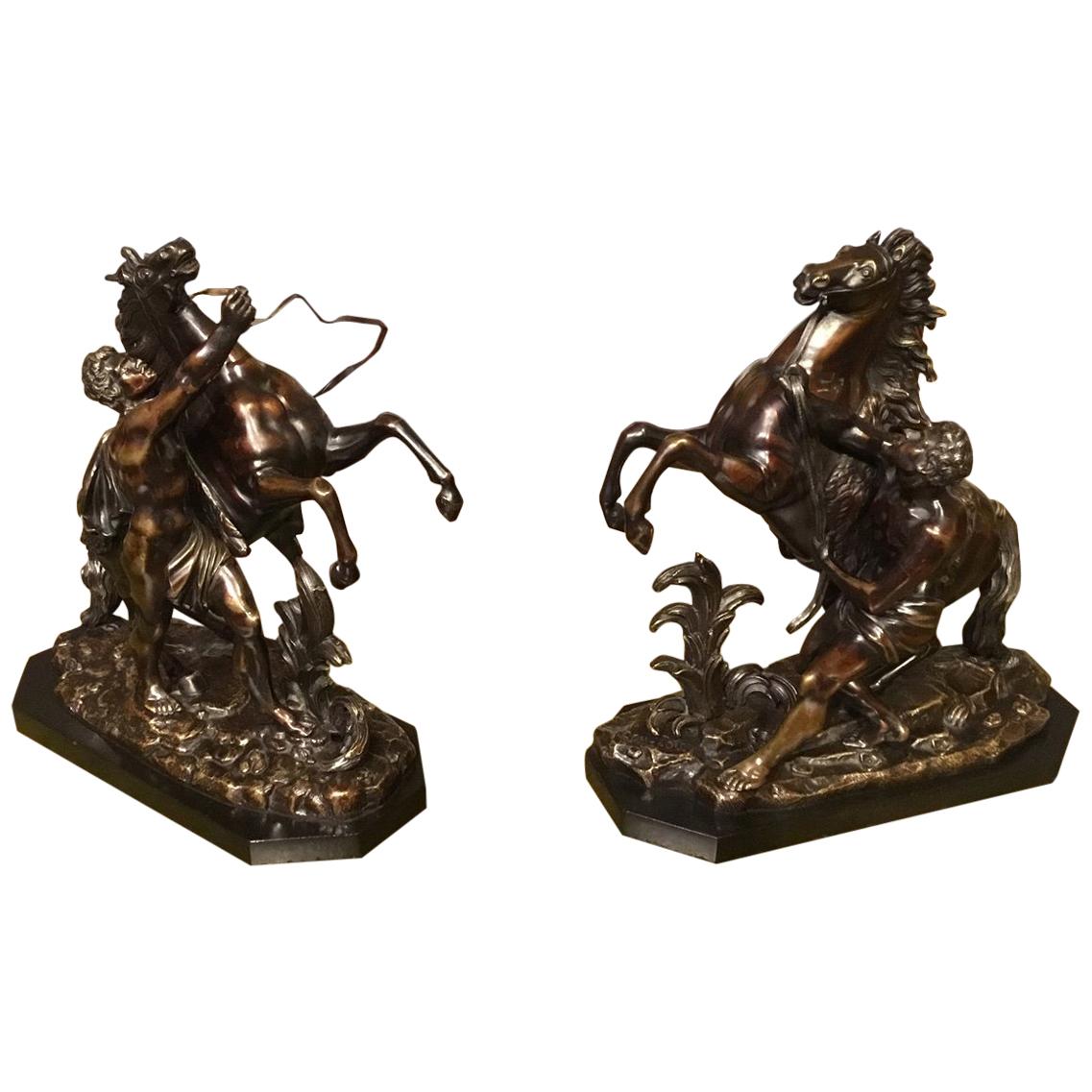 Pair of French Classical 19th Century Bronze Marley Horses after Coustou