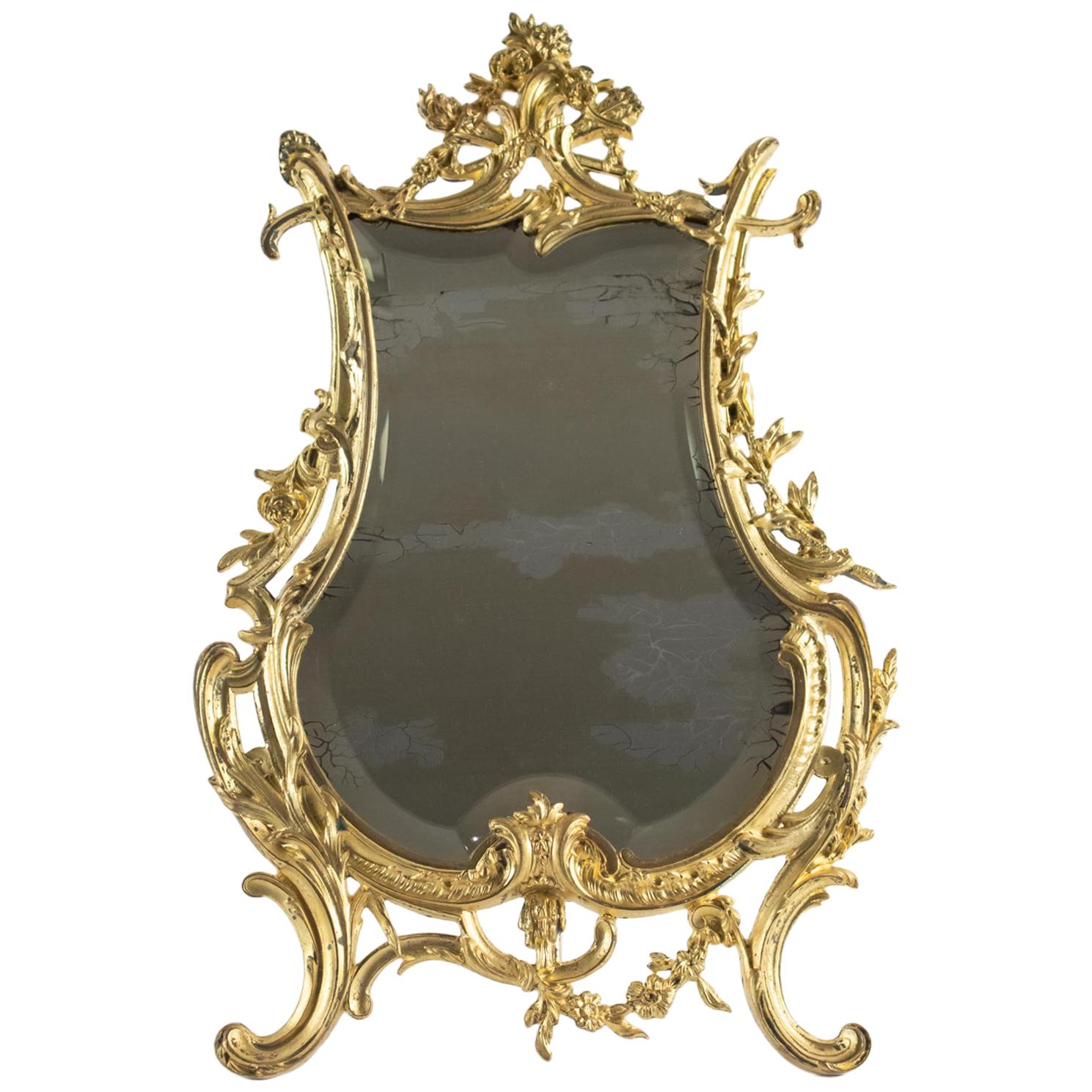 Miroir de table en bronze doré Original, Napoléon III, style Louis XV, 19ème siècle