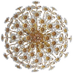 Large Palwa Flush Mount Chandelier Gilt Brass Flower Bouquet Crystal Glass 1960s
