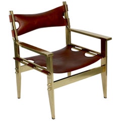 Brass and Cognac Leather Lounge Armchair