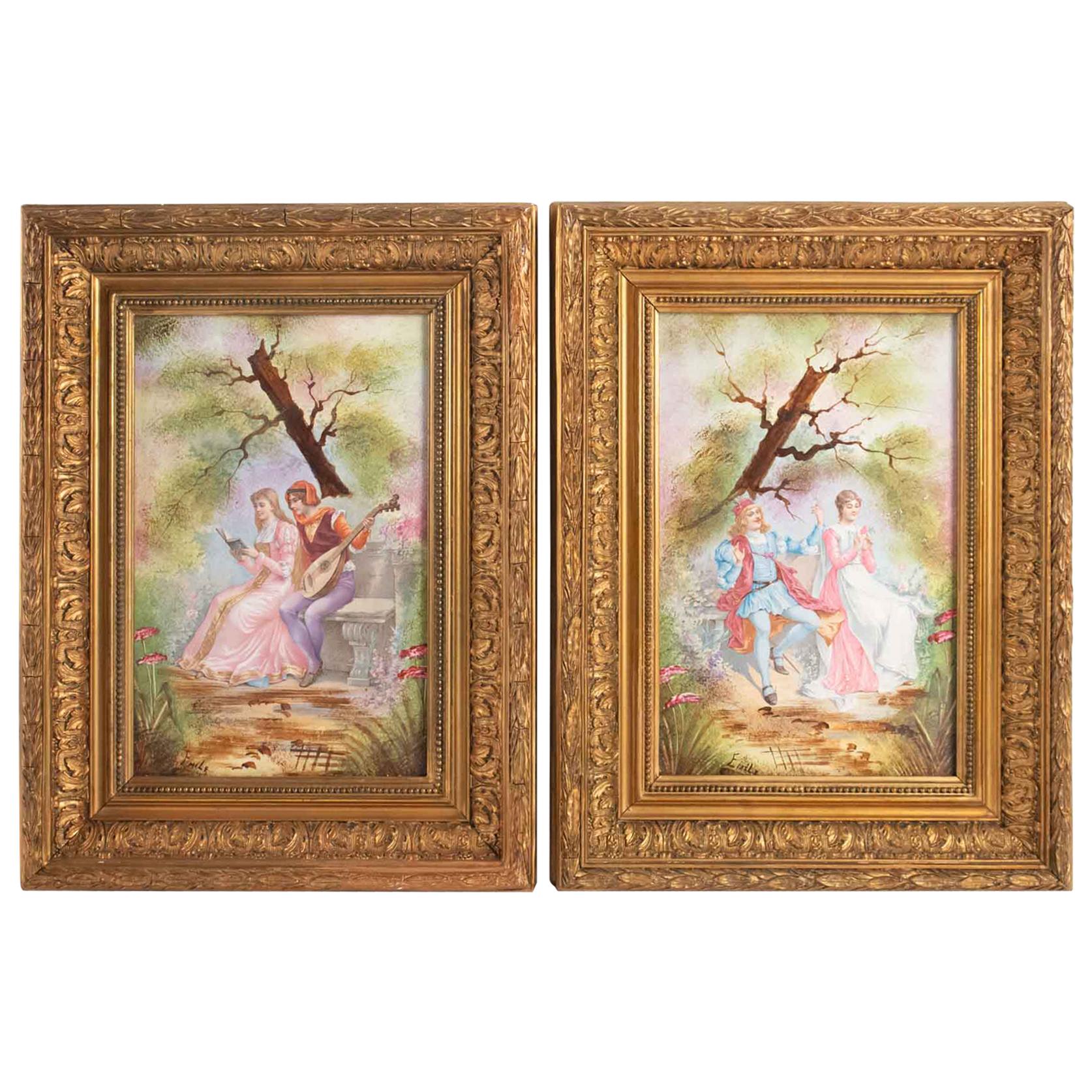 Pair of Paintings on Porcelain, Gallant Scene, 1900, Framed with Frames Napoleon