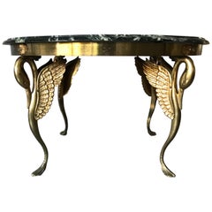 Midcentury Empire Style Coffee Table with Marble Top and Bronze Swan Sculptures