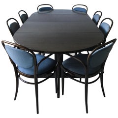 Grand ensemble de salle à manger brun et bleu avec table extensible:: Thonet:: vers les années 1980
