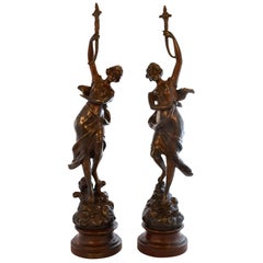 Pair of Neoclassical Women Statues with Eveil Poetique Plaque