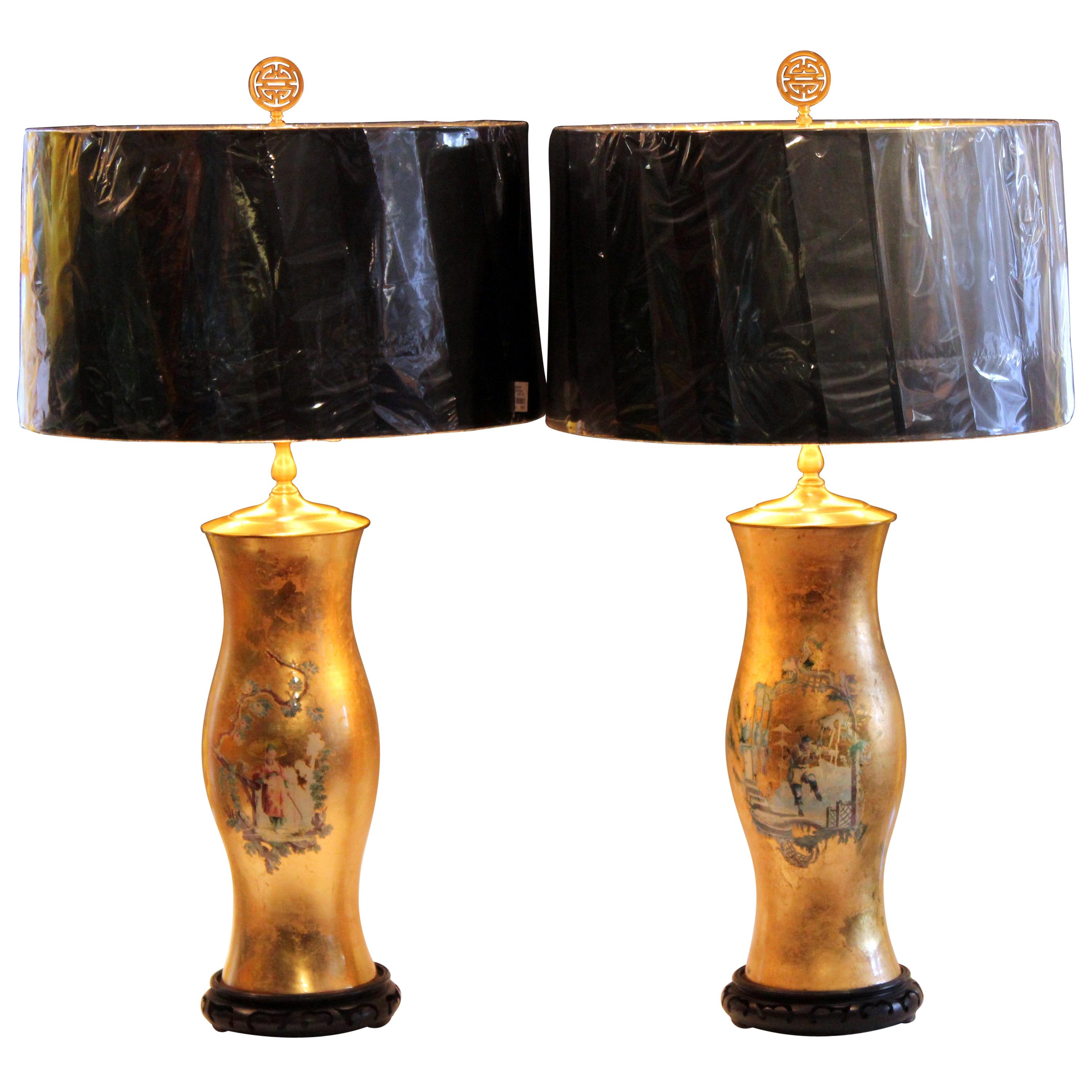 Pair of Large Eglomise Chinoiserie Gilt Decalcomania Vintage Vase Lamps